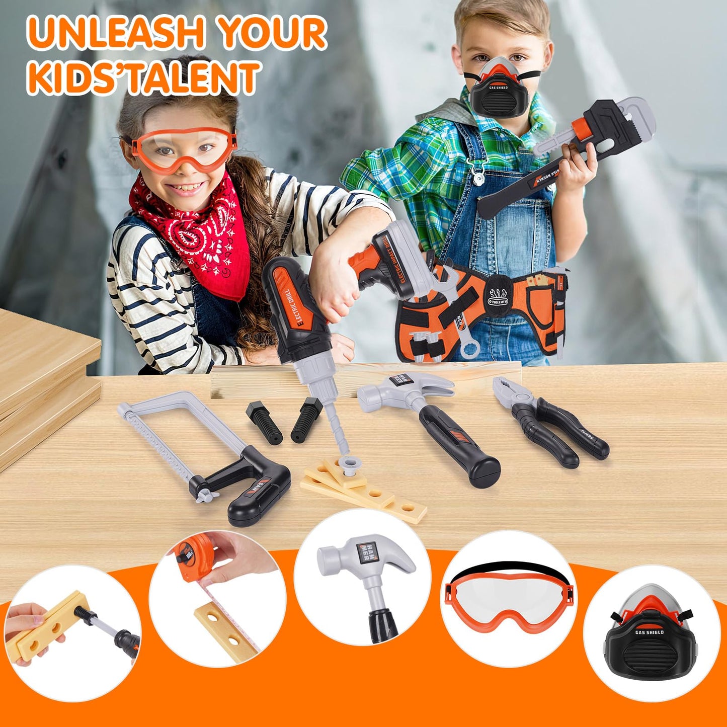 Maysida 48-Piece Kids Tool Set | Realistic Pretend Play Kit for Builders (Ages 3+)