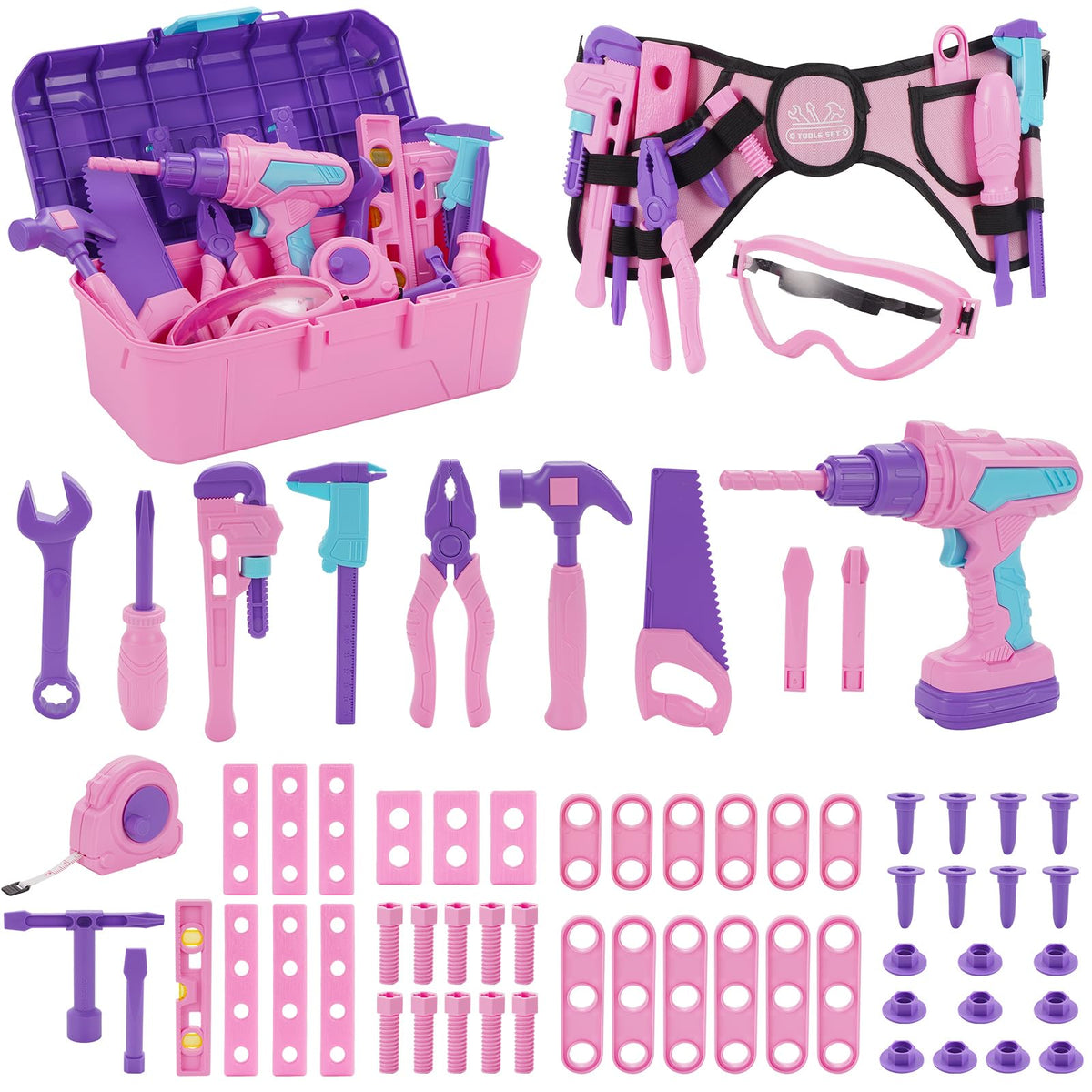 Maysida Kids Tool Set – 67 Pcs Pink Box, Pretend Play Construction Toys for Girls