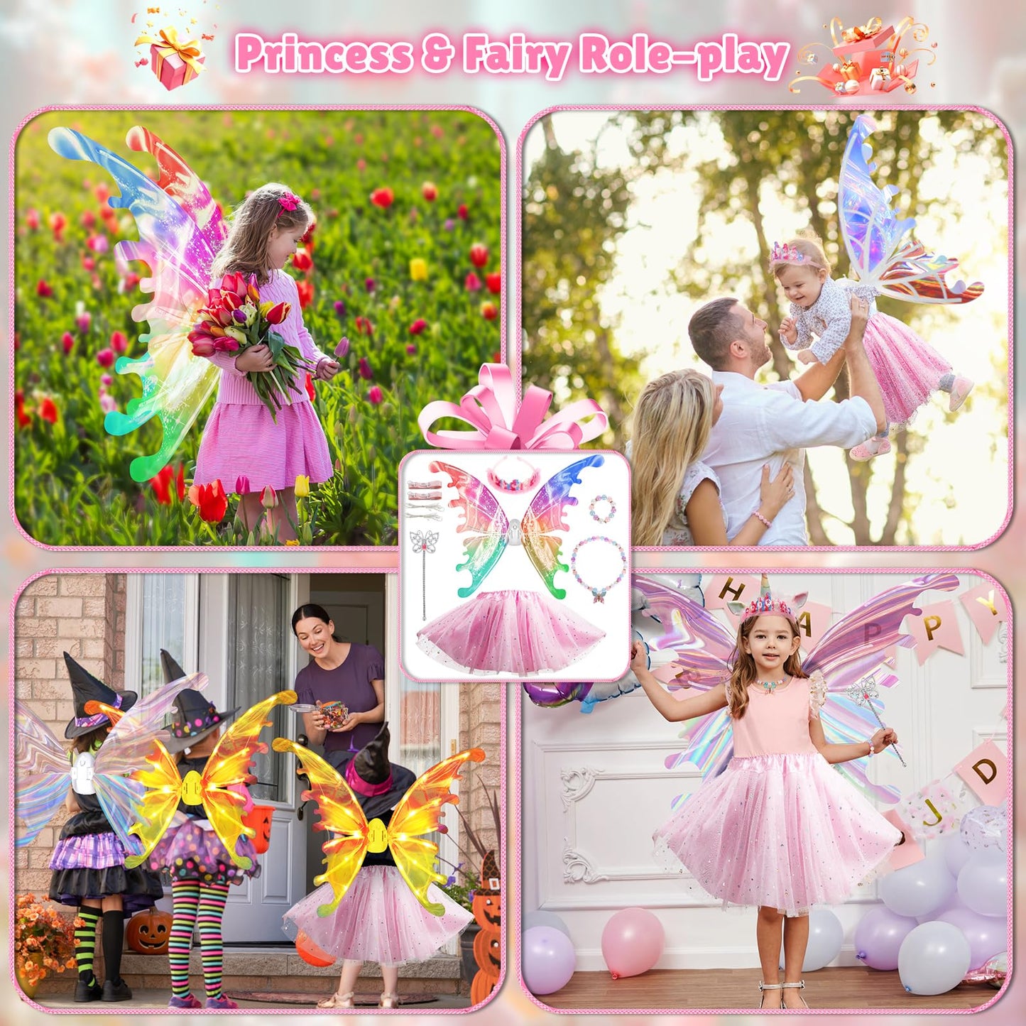 Maysida Princess Dress Up Costume with Electric LED Wings for Girls 3-8
