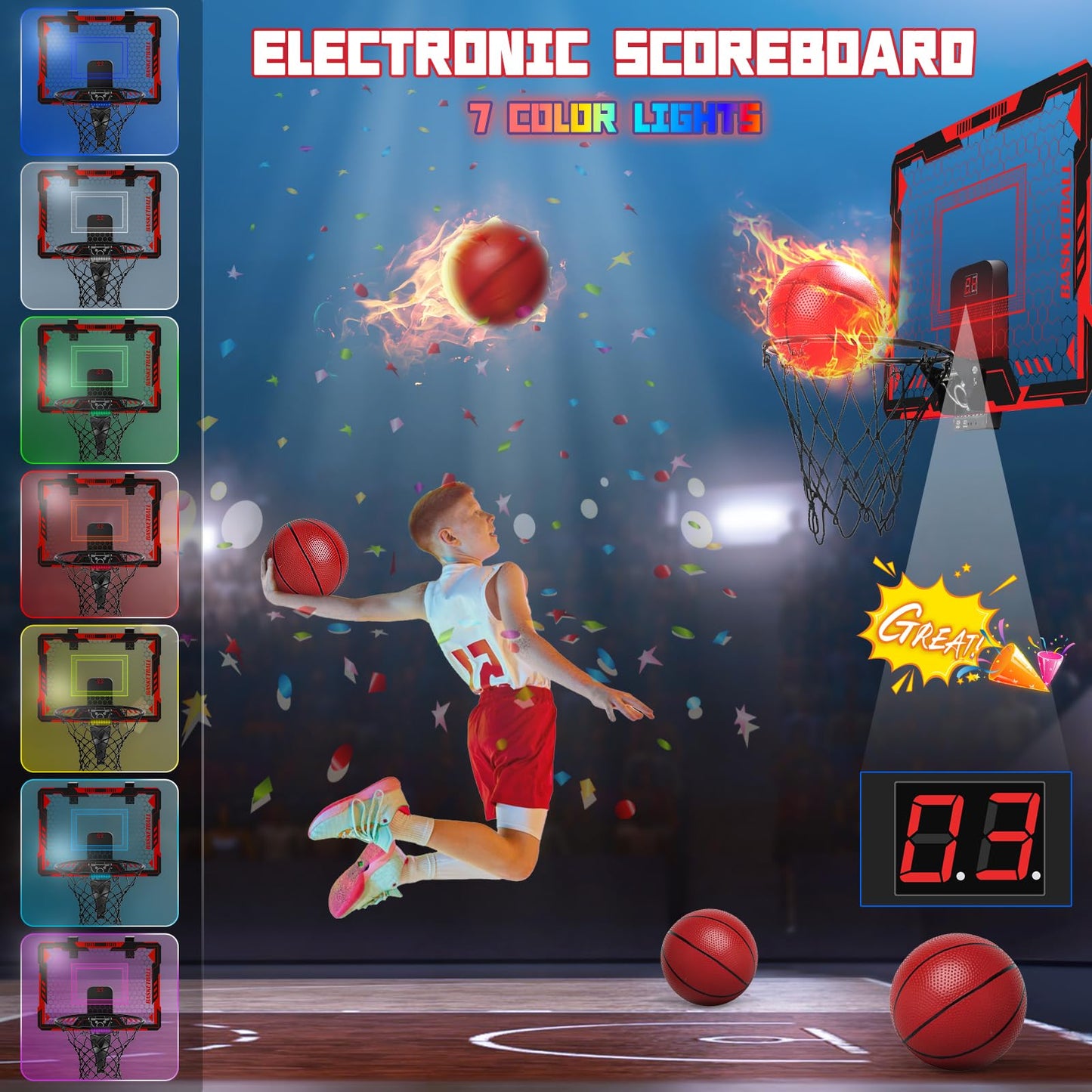 Maysida Remote Control Mini Basketball Hoop – Over-Door Indoor Hoop with LED Lights, Scoreboard & 4 Balls