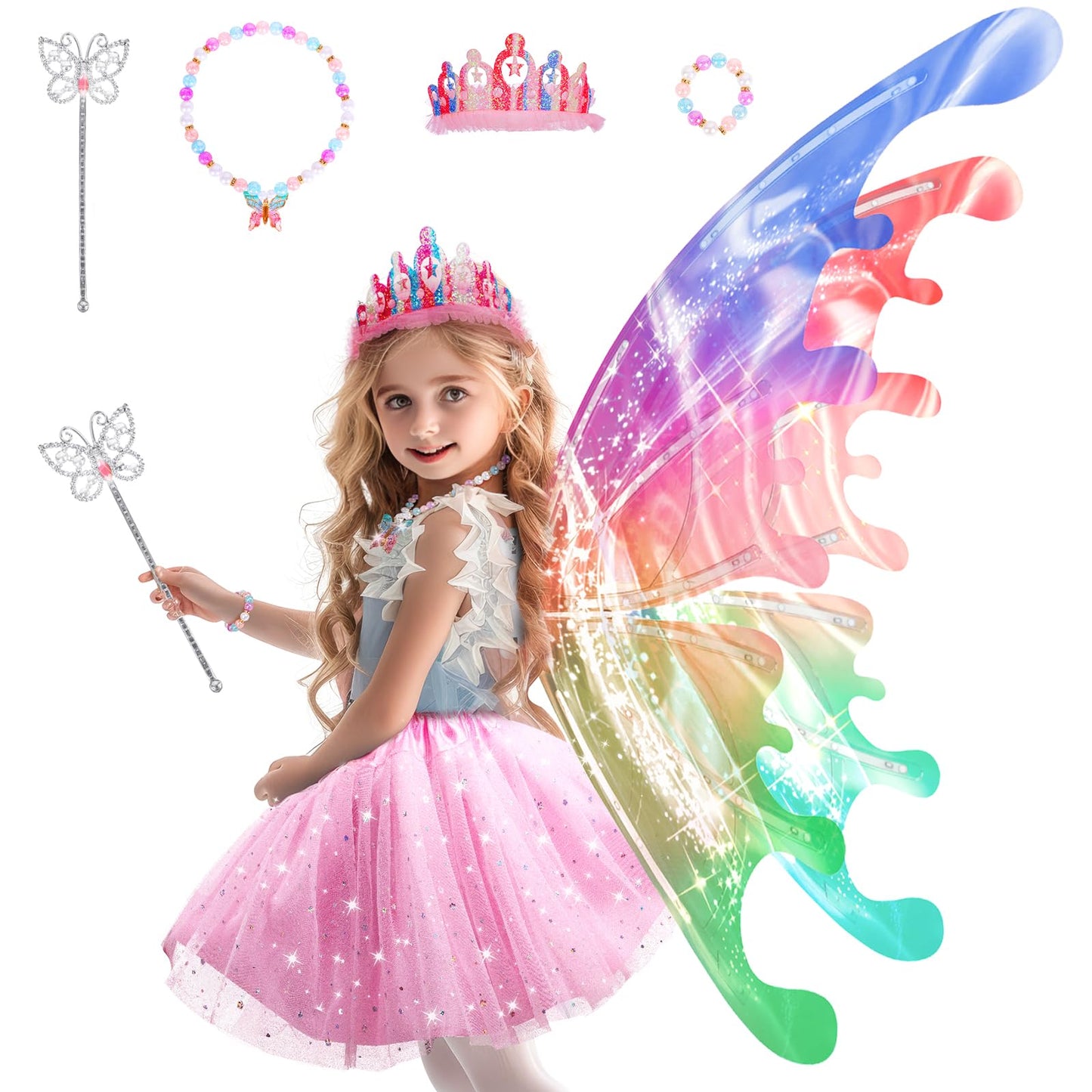 Maysida Princess Dress Up Costume with Electric LED Wings for Girls 3-8