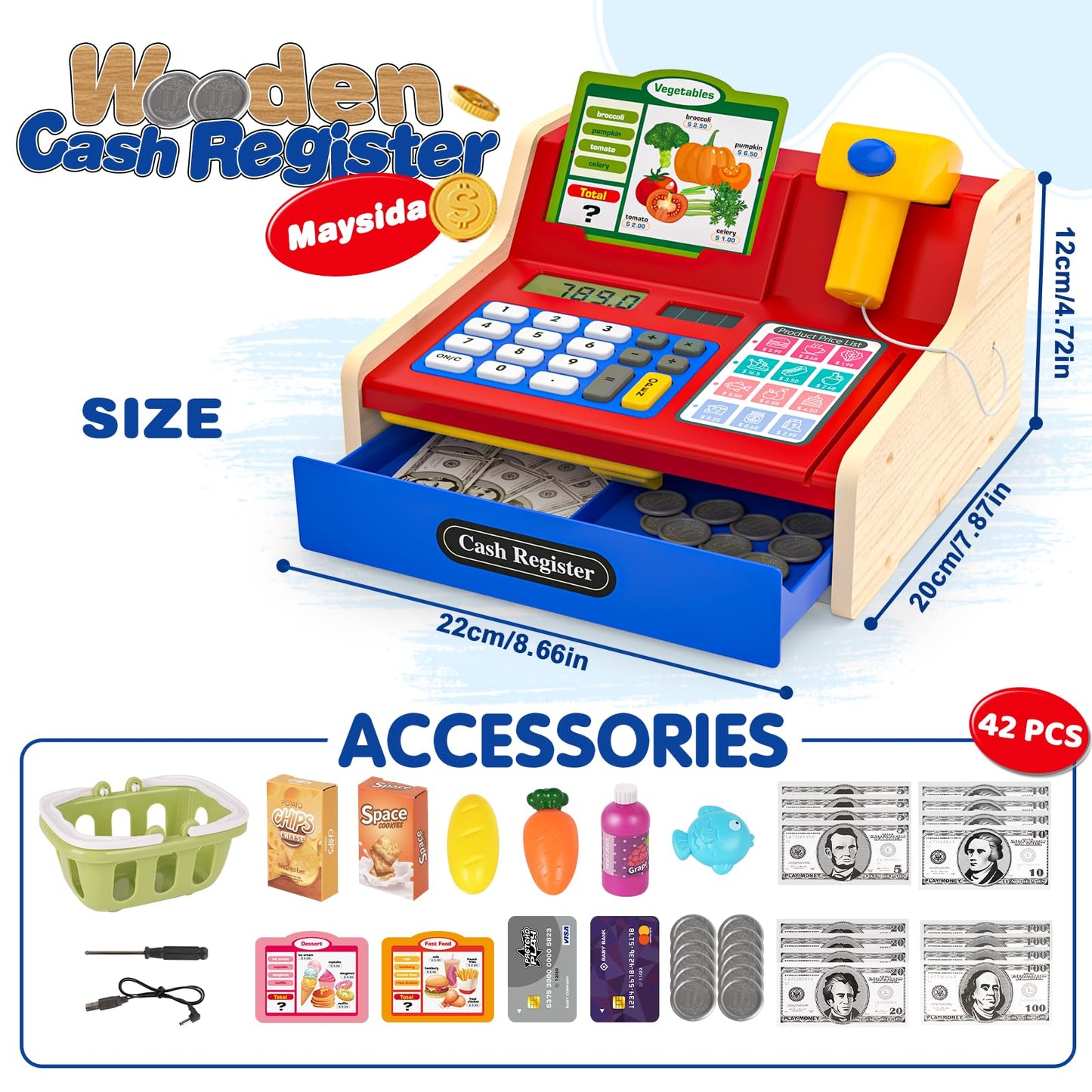 Maysida Rechargeable Wooden Cash Register for Kids – Pretend Play Calculator & Scanner