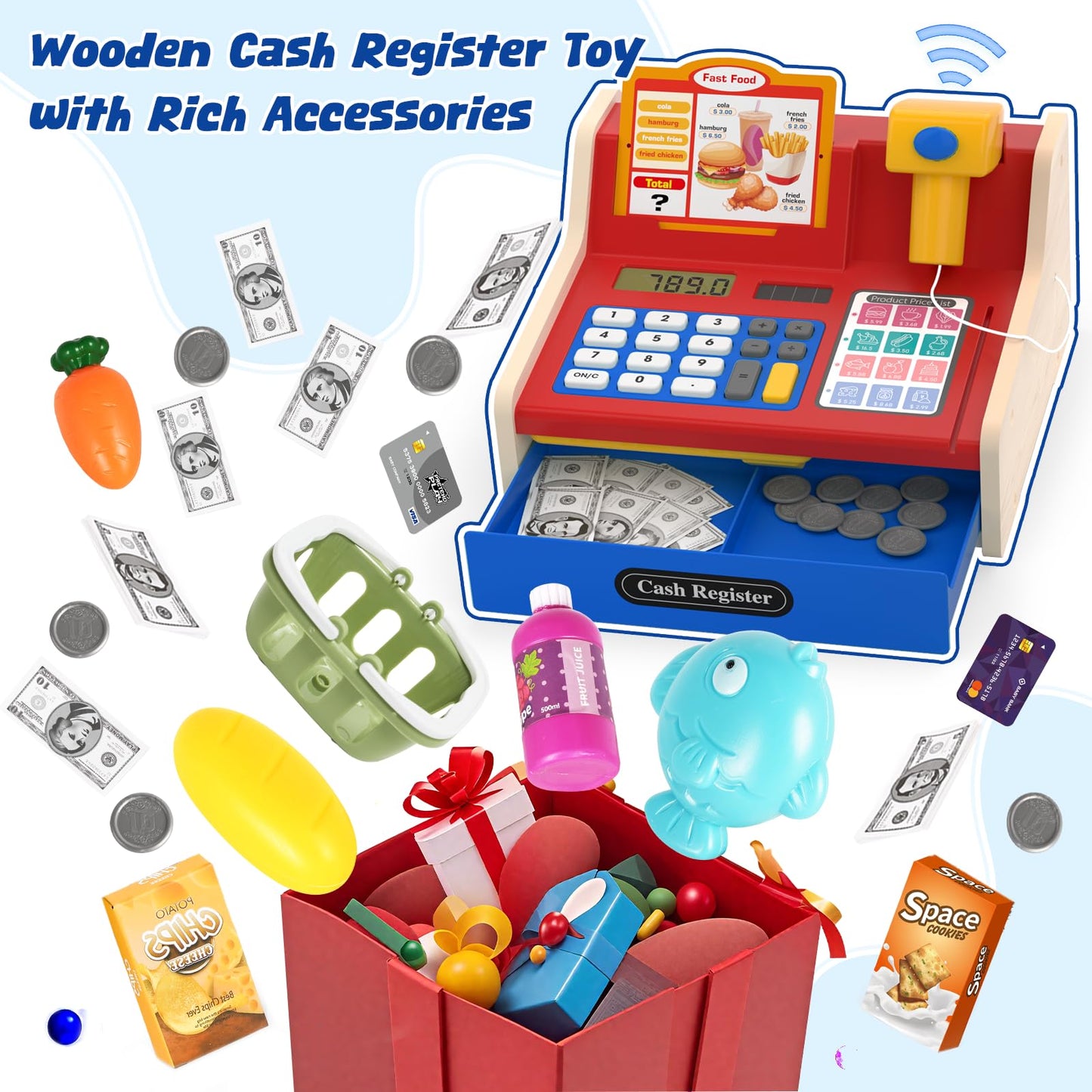 Maysida Rechargeable Wooden Cash Register for Kids – Pretend Play Calculator & Scanner