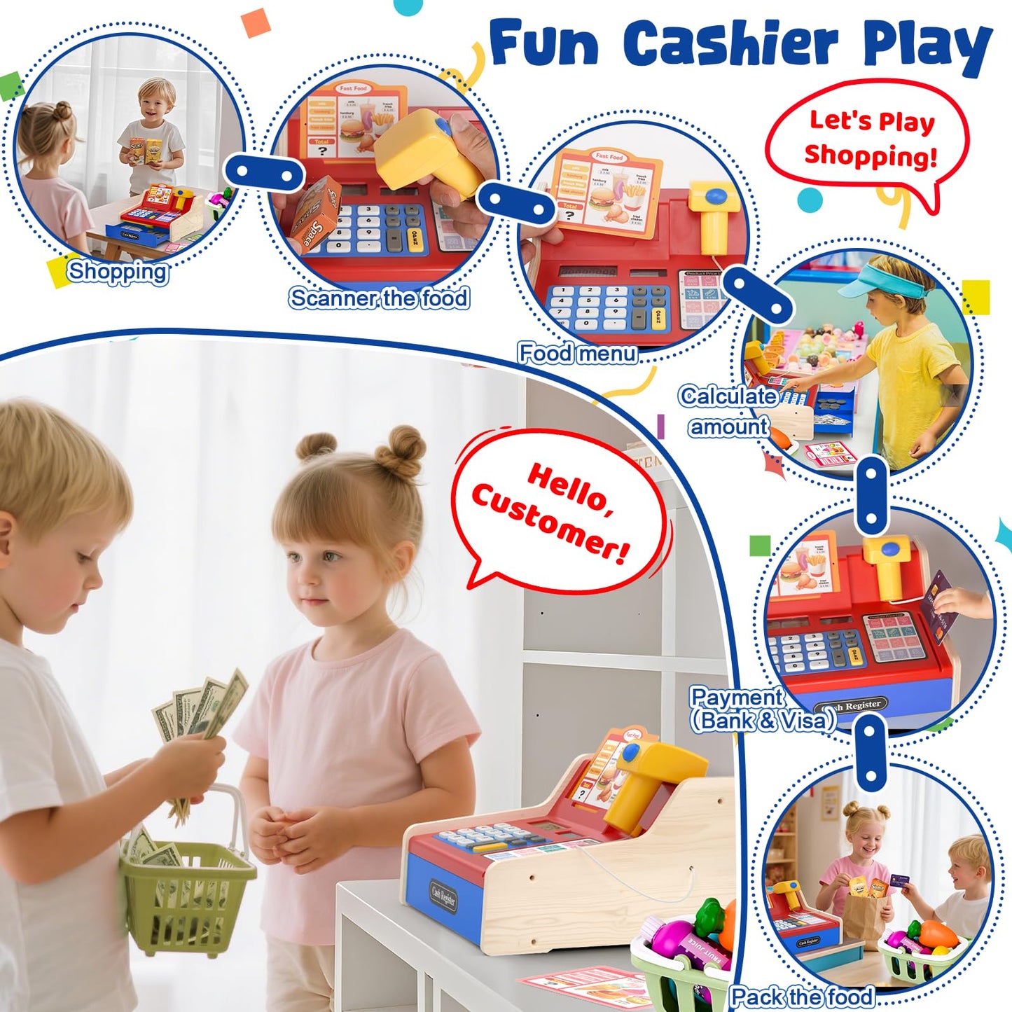 Maysida Rechargeable Wooden Cash Register for Kids – Pretend Play Calculator & Scanner