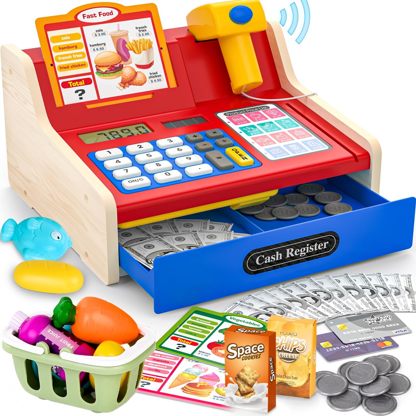 Maysida Rechargeable Wooden Cash Register for Kids – Pretend Play Calculator & Scanner