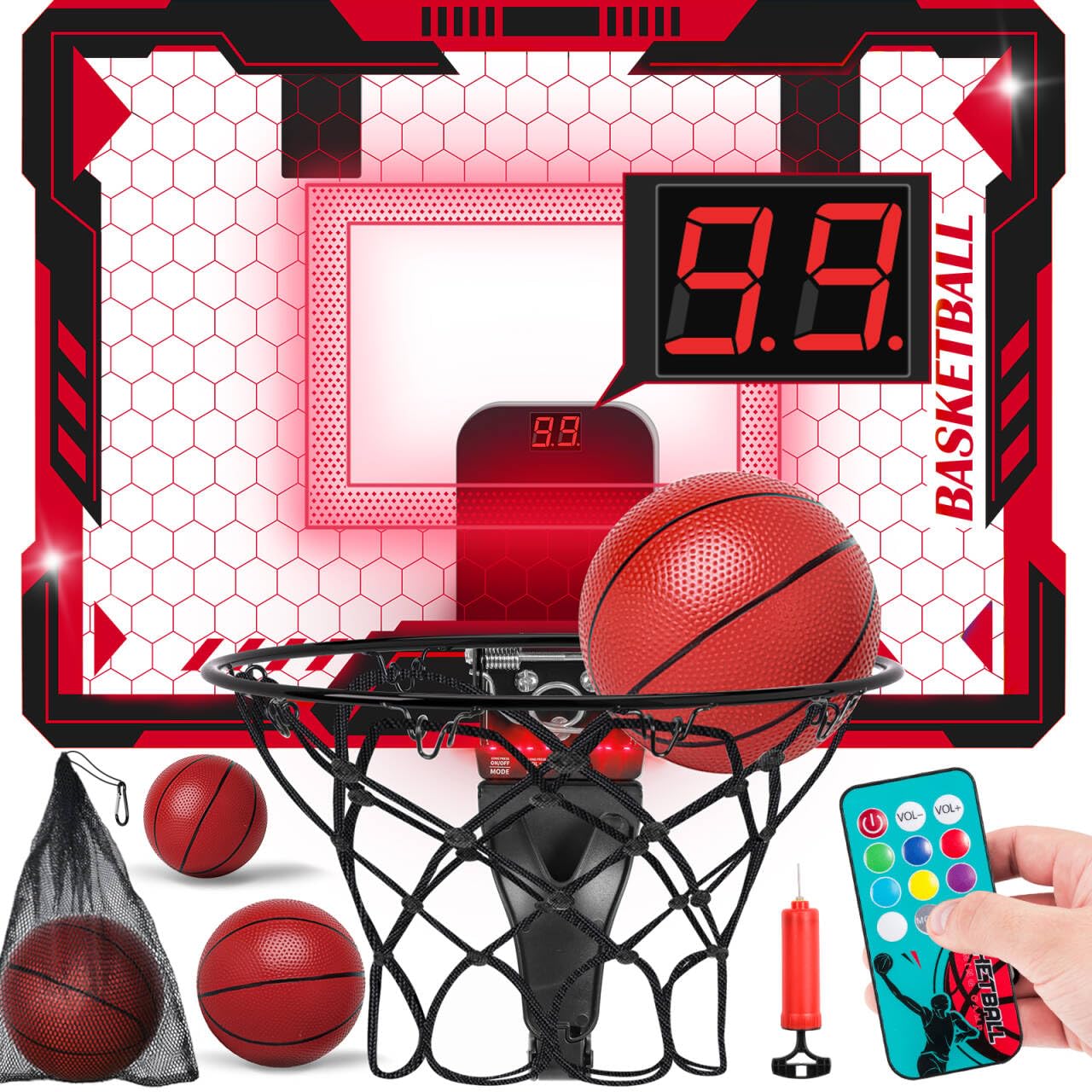 Maysida Remote Control Mini Basketball Hoop – Over-Door Indoor Hoop with LED Lights, Scoreboard & 4 Balls