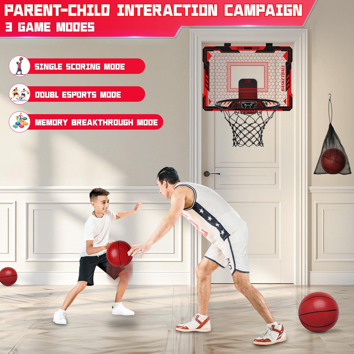 Maysida Remote Control Mini Basketball Hoop – Over-Door Indoor Hoop with LED Lights, Scoreboard & 4 Balls