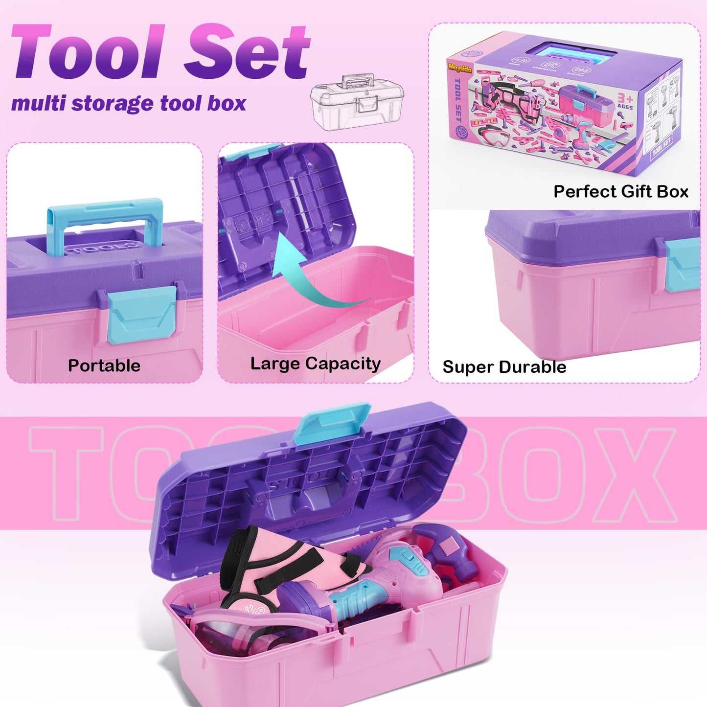 Maysida Kids Tool Set – 67 Pcs Pink Box, Pretend Play Construction Toys for Girls