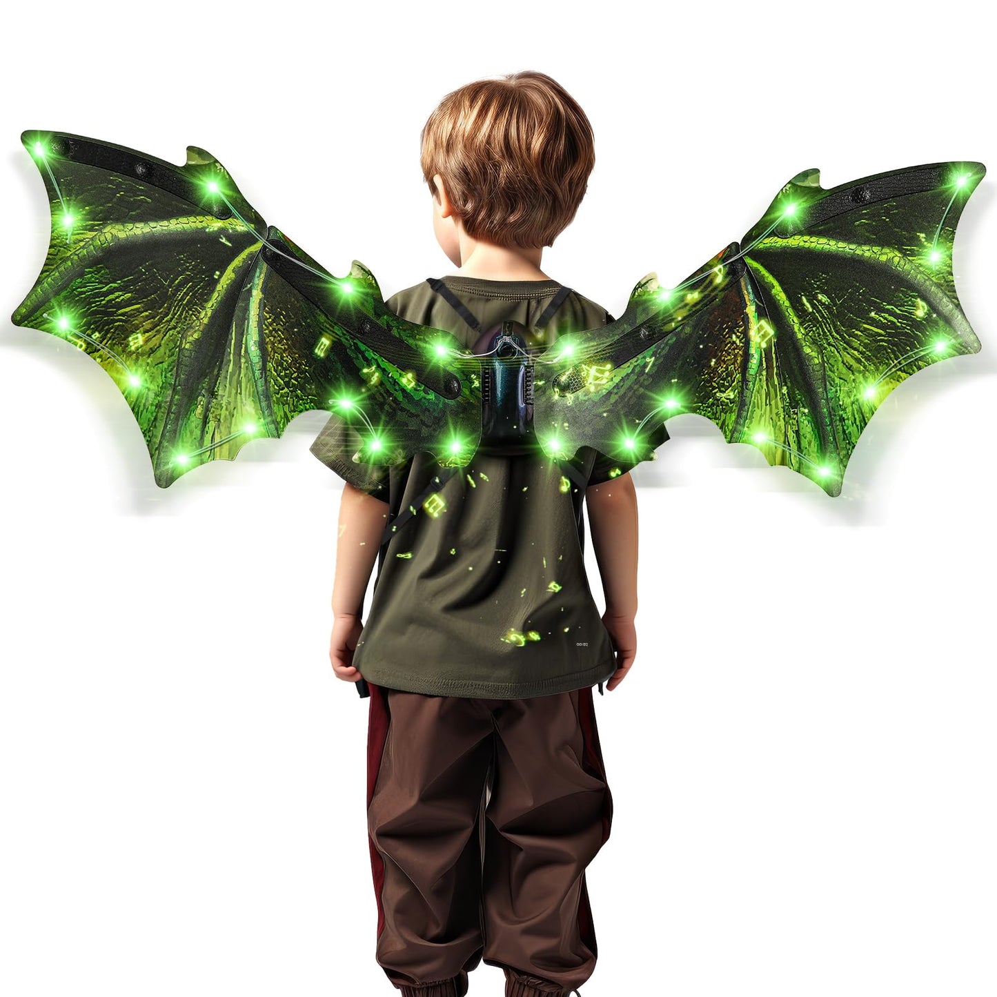 Maysida Toddler Electric Dragon Wings – LED Light, Music & Green Dino Dress-Up