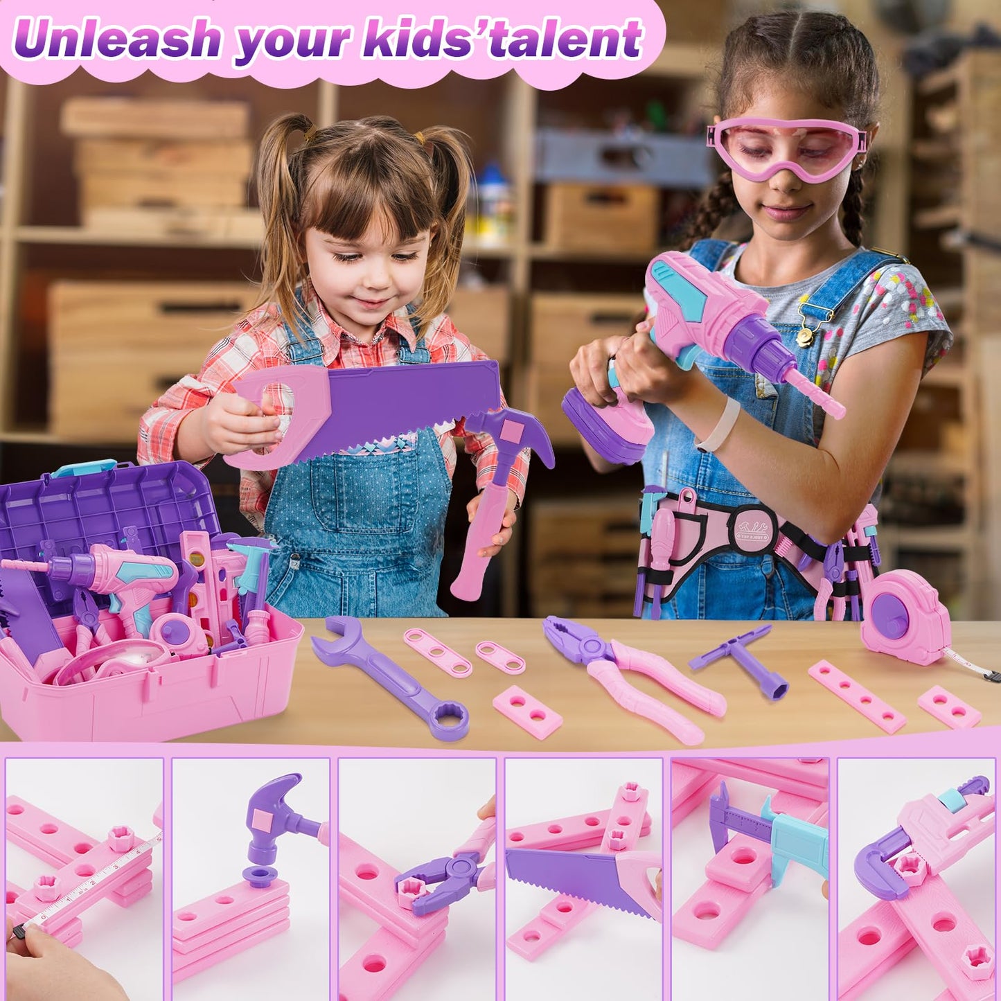 Maysida Kids Tool Set – 67 Pcs Pink Box, Pretend Play Construction Toys for Girls
