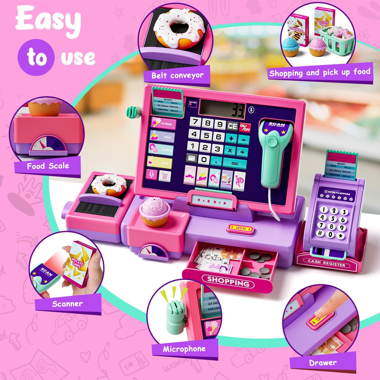 Maysida Upgraded Kids Cash Register Toy – Pink Pretend Play with Calculator, Scanner & Card Reader