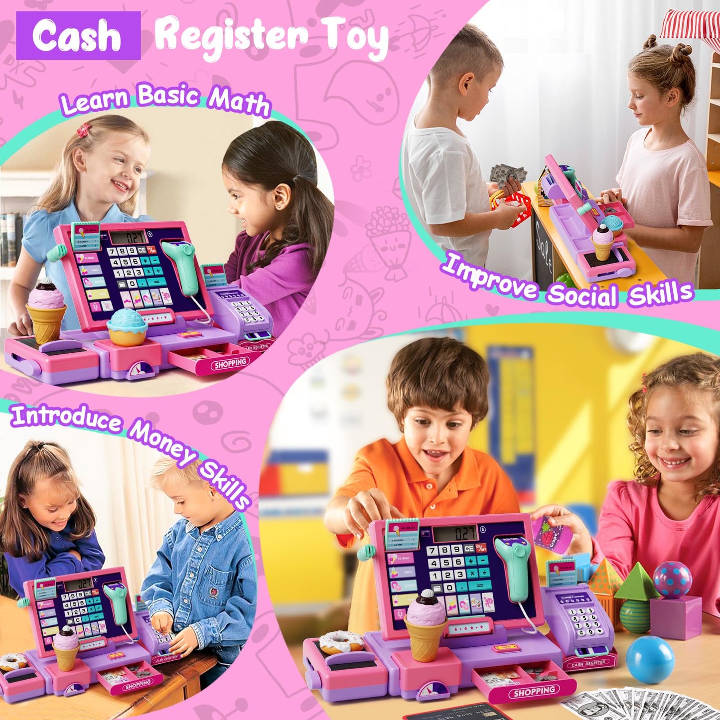 Maysida Upgraded Kids Cash Register Toy – Pink Pretend Play with Calculator, Scanner & Card Reader
