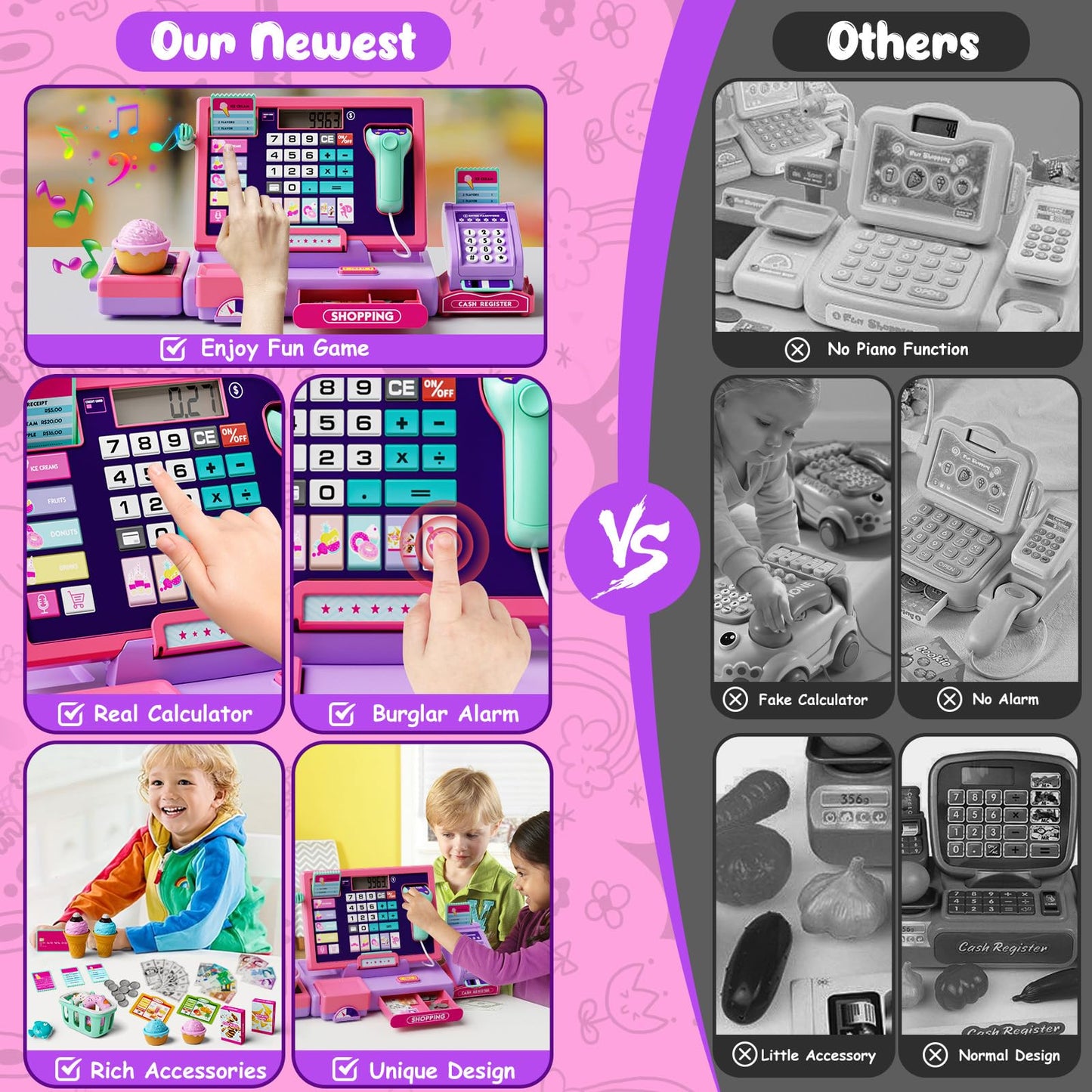 Maysida Upgraded Kids Cash Register Toy – Pink Pretend Play with Calculator, Scanner & Card Reader
