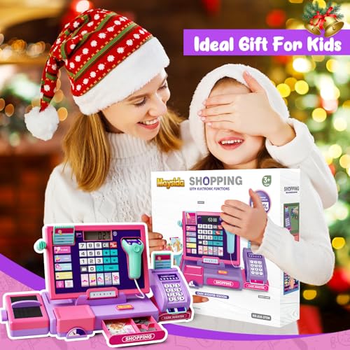 Maysida Upgraded Kids Cash Register Toy – Pink Pretend Play with Calculator, Scanner & Card Reader