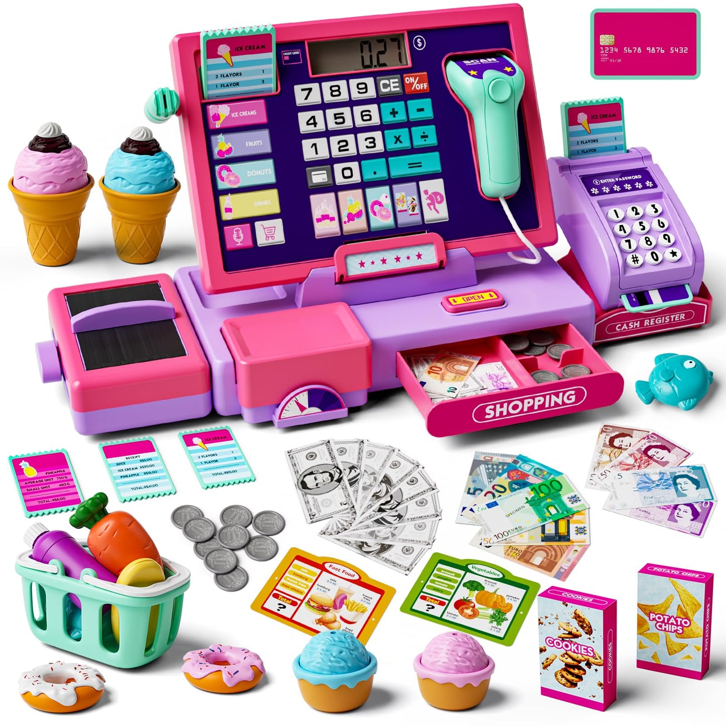 Maysida Upgraded Kids Cash Register Toy – Pink Pretend Play with Calculator, Scanner & Card Reader