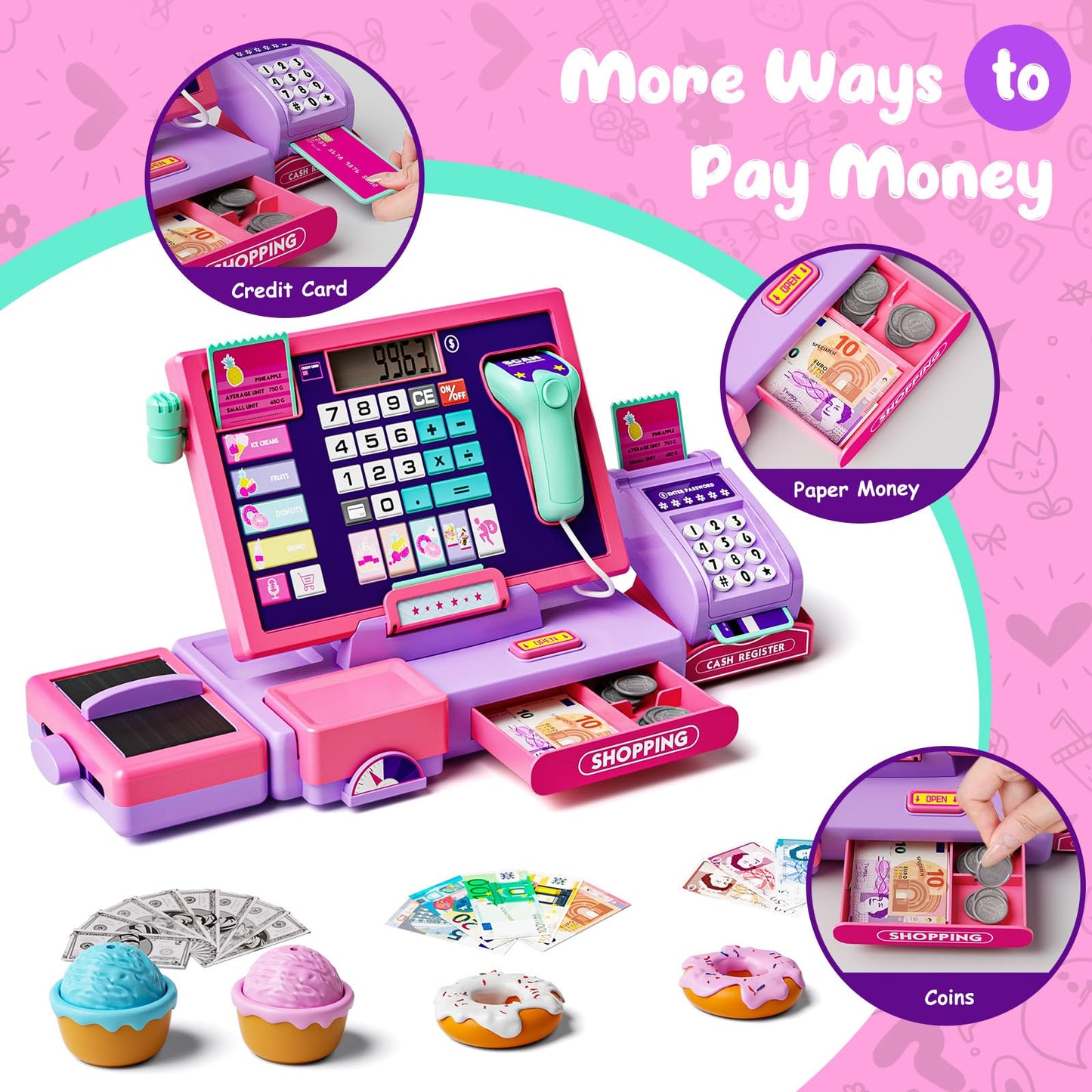 Maysida Upgraded Kids Cash Register Toy – Pink Pretend Play with Calculator, Scanner & Card Reader