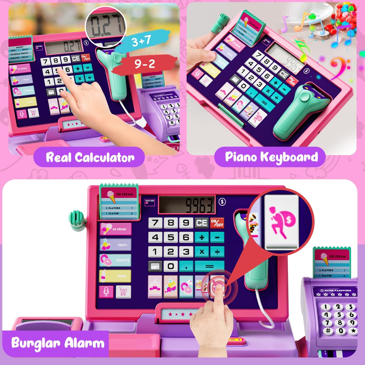 Maysida Upgraded Kids Cash Register Toy – Pink Pretend Play with Calculator, Scanner & Card Reader