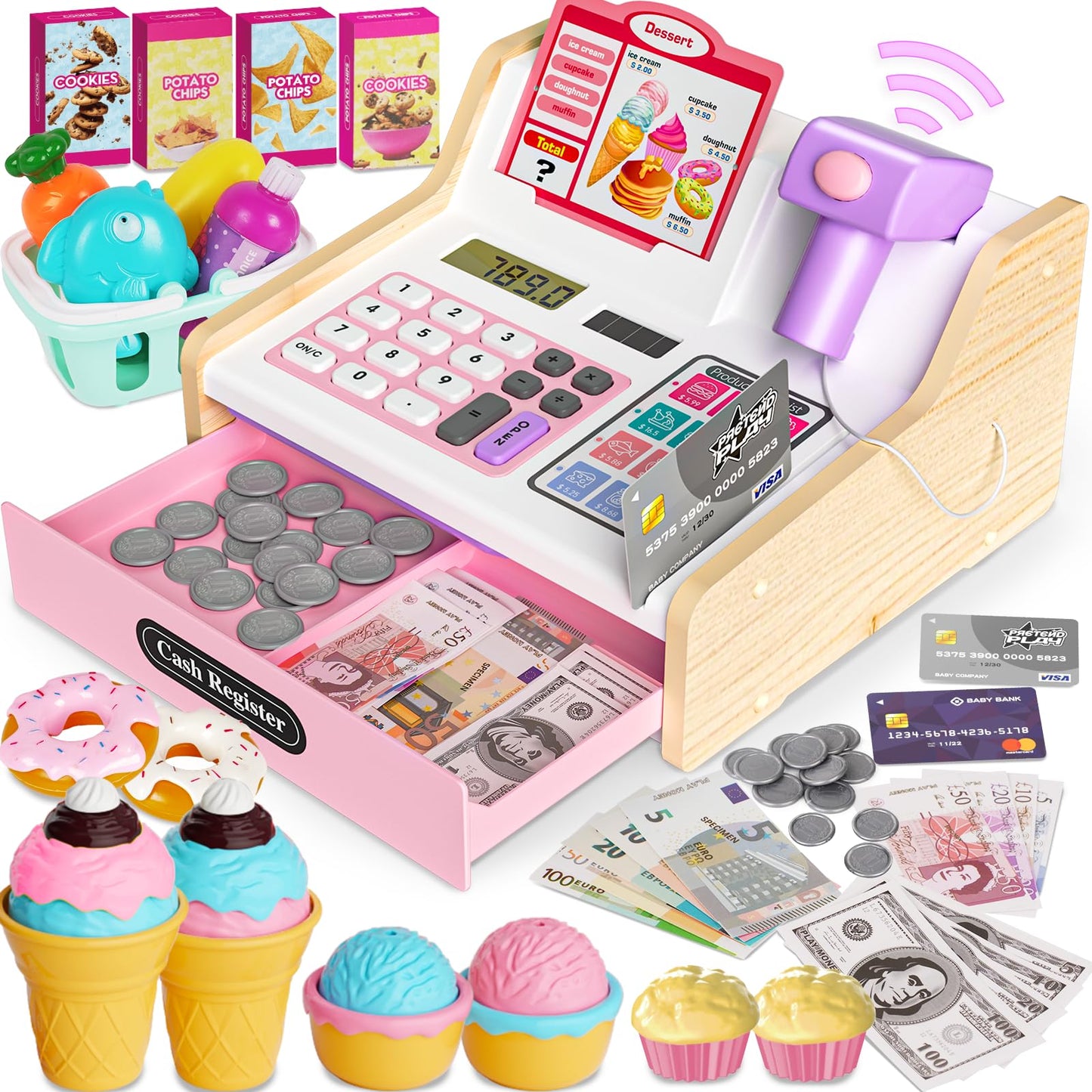 Maysida Wooden Cash Register for Kids – Rechargeable Toy with Scanner & Fake Money (Pink)