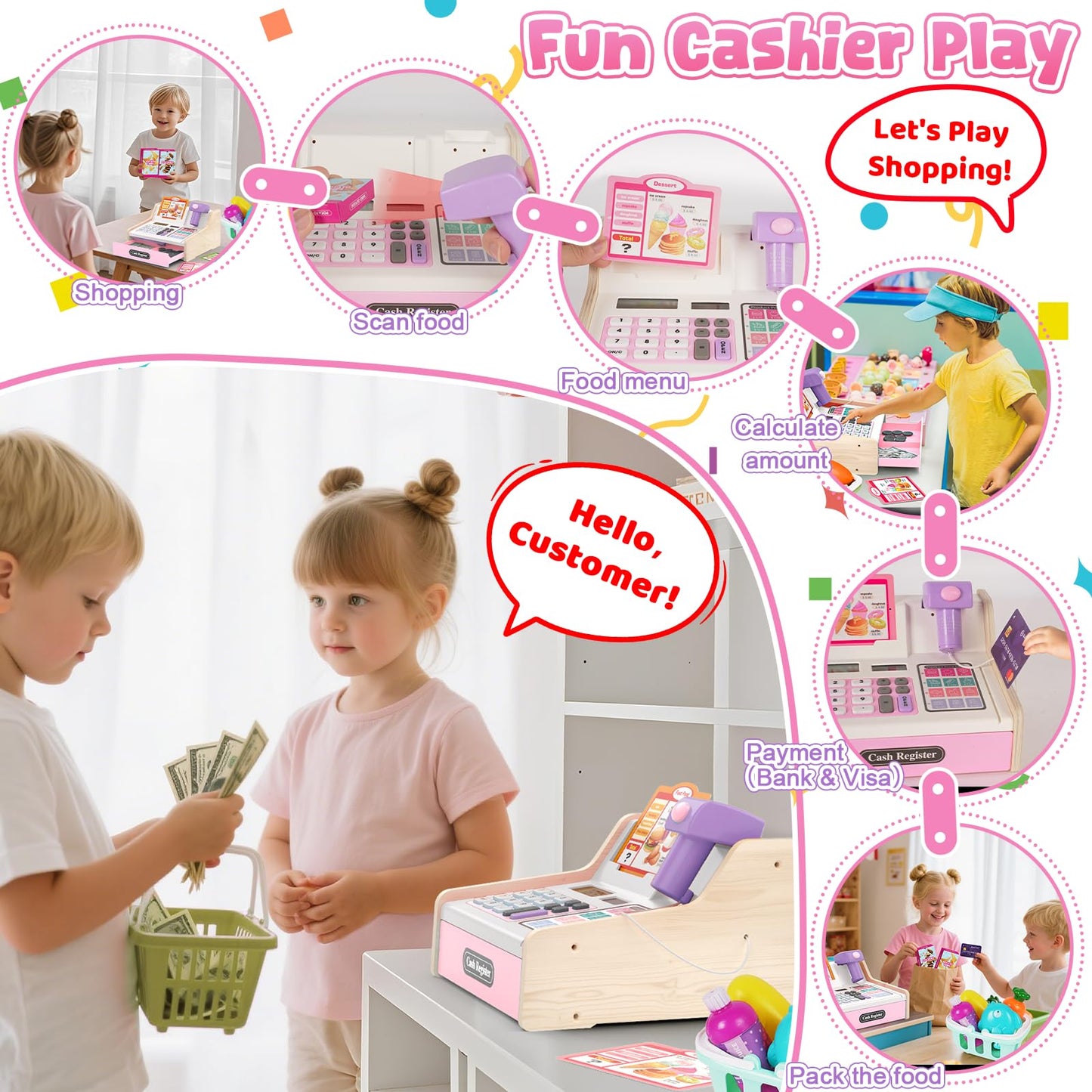 Maysida Wooden Cash Register for Kids – Rechargeable Toy with Scanner & Fake Money (Pink)