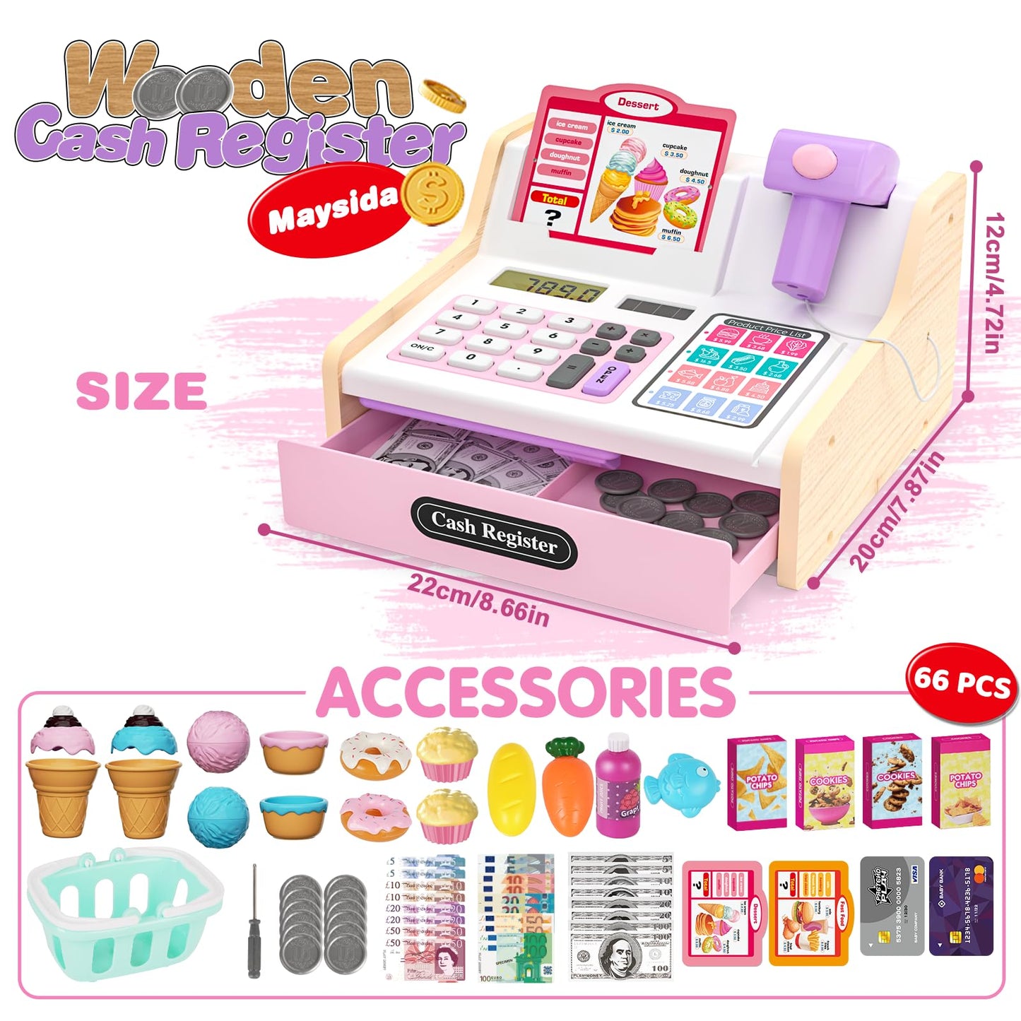 Maysida Wooden Cash Register for Kids – Rechargeable Toy with Scanner & Fake Money (Pink)