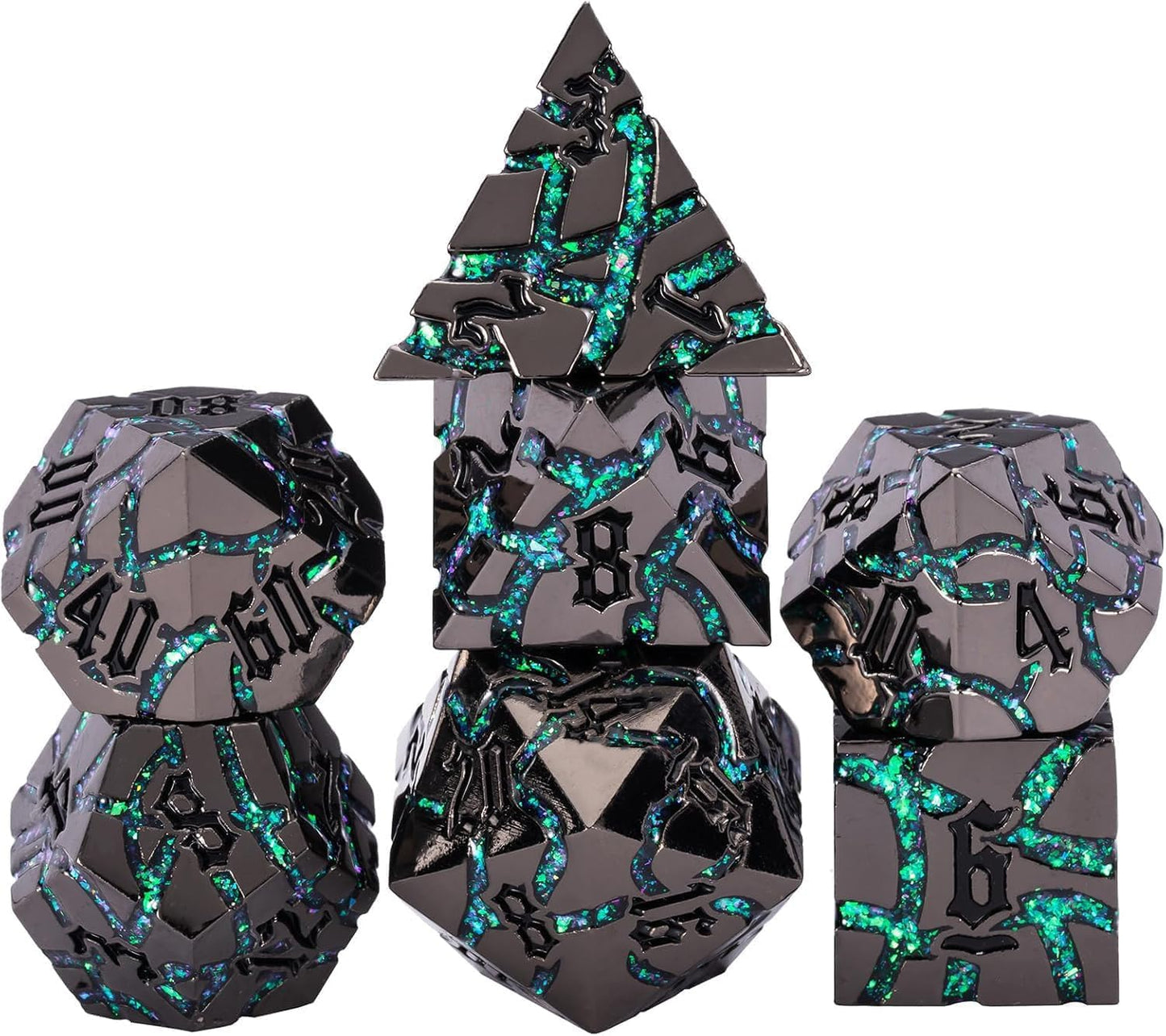 Maywin Cracked Rune Dice Set – Premium Green Mystic Vein Metal DND & RPG 7-Piece