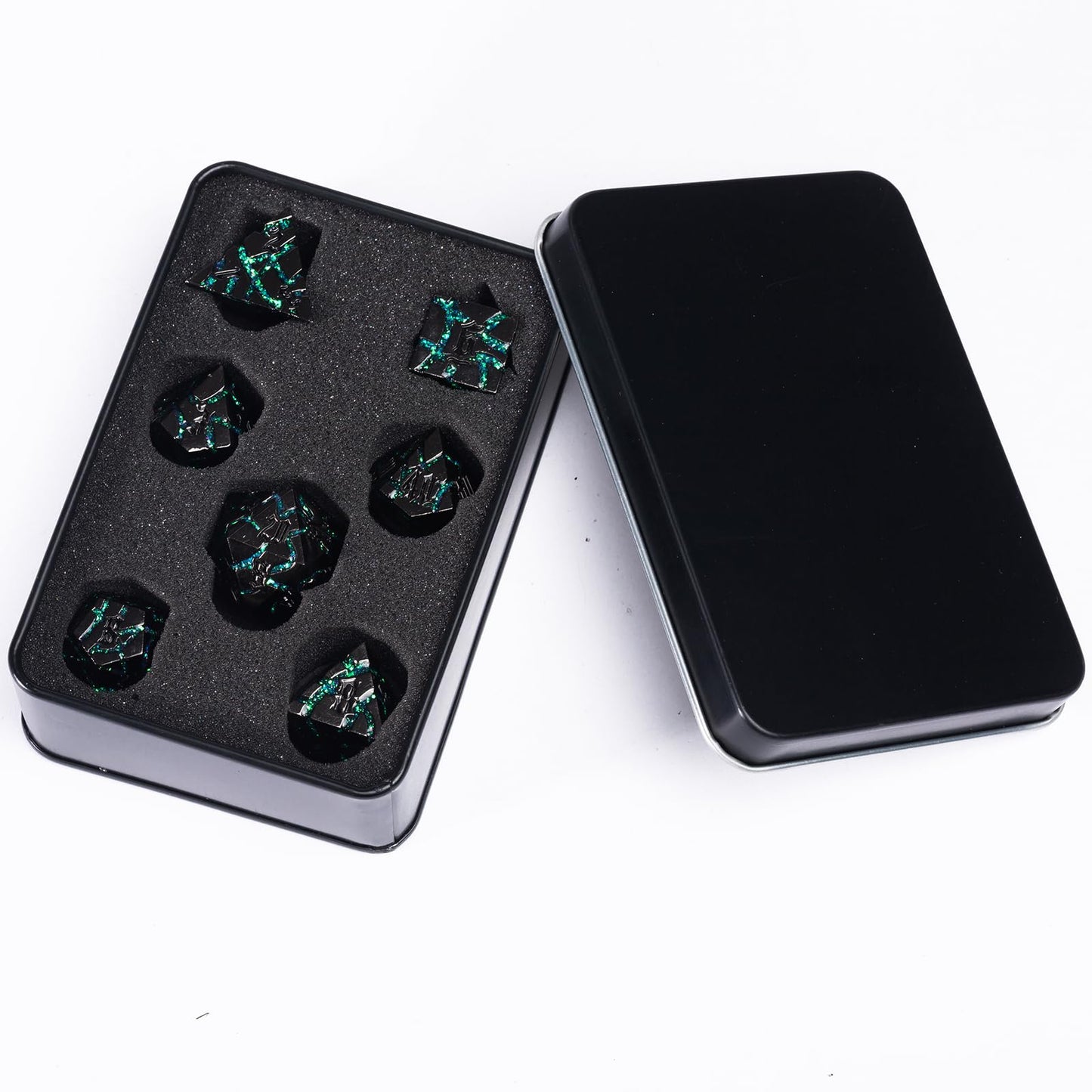 Maywin Cracked Rune Dice Set – Premium Green Mystic Vein Metal DND & RPG 7-Piece