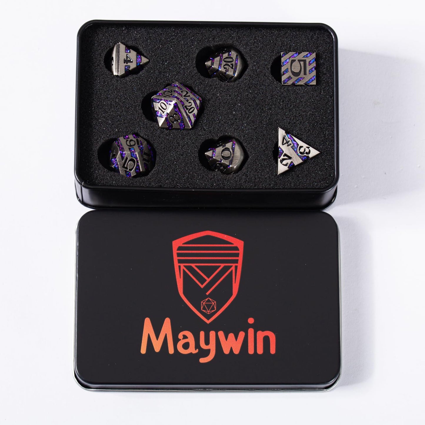 Maywin Inlay Metal Dice Set 7pc – Luxury Zinc Alloy RPG Dice for DND & Tabletop Games