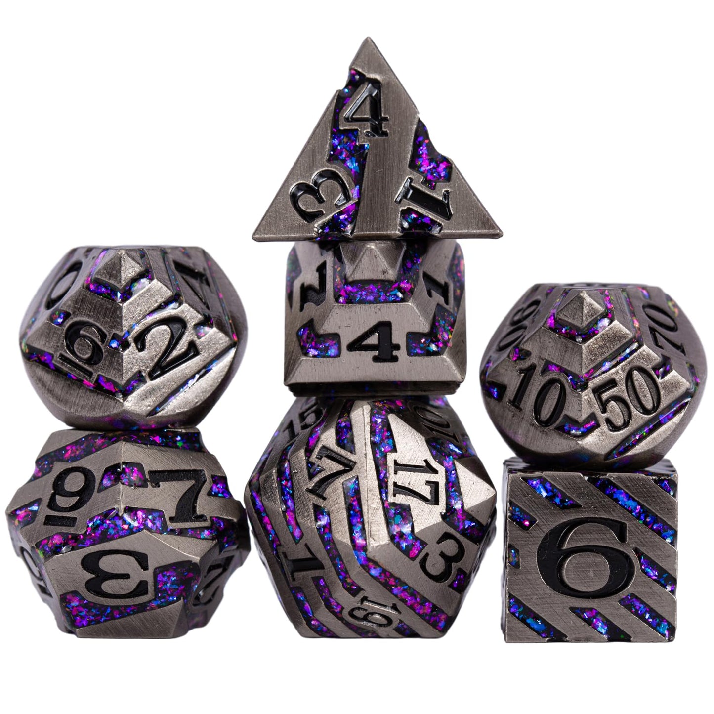 Maywin Inlay Metal Dice Set 7pc – Luxury Zinc Alloy RPG Dice for DND & Tabletop Games
