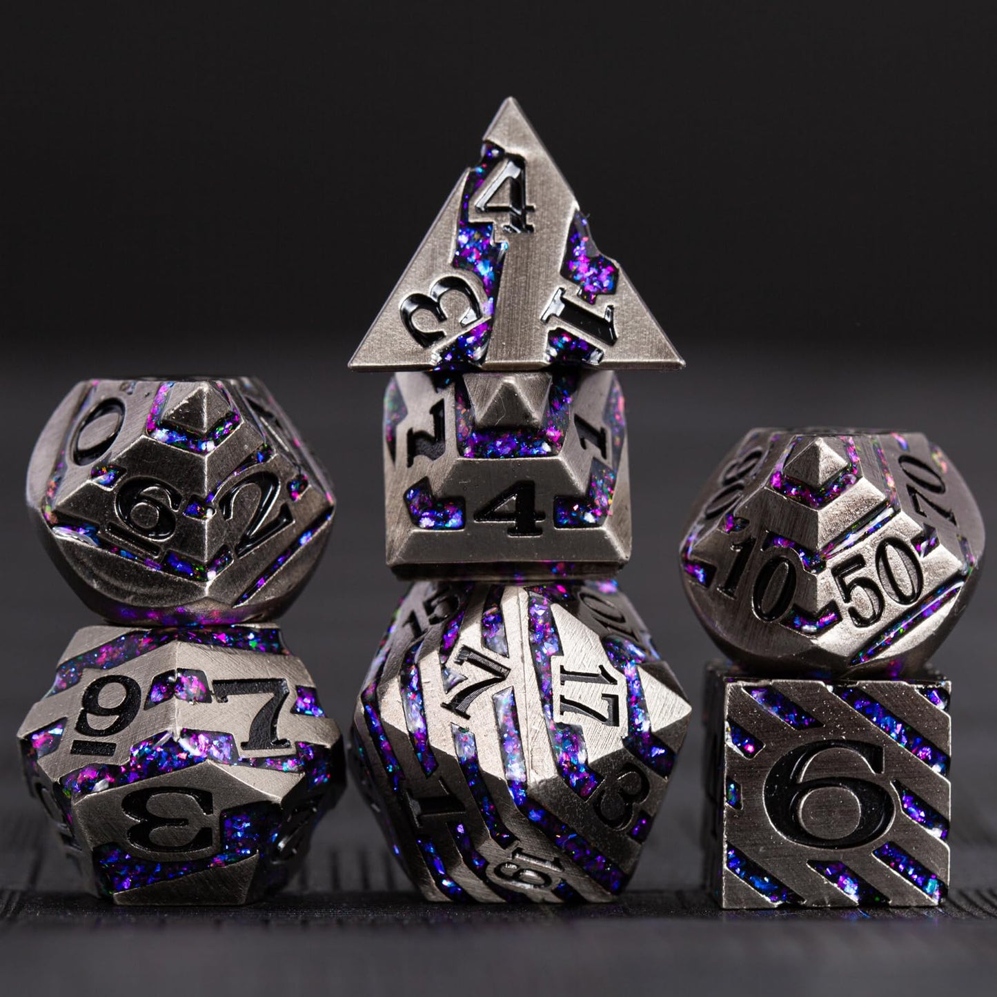 Maywin Inlay Metal Dice Set 7pc – Luxury Zinc Alloy RPG Dice for DND & Tabletop Games
