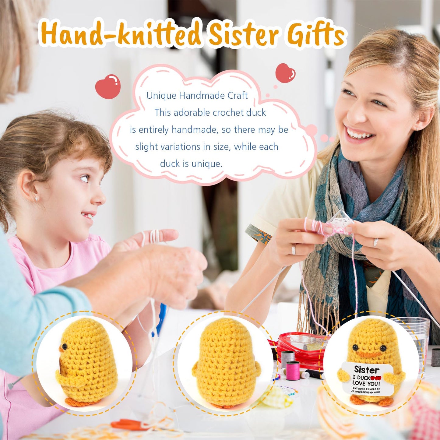 MBL Sisters Crochet Duck Gift — Cute Desk Companion for Sisters, Birthday, Graduation, Holidays