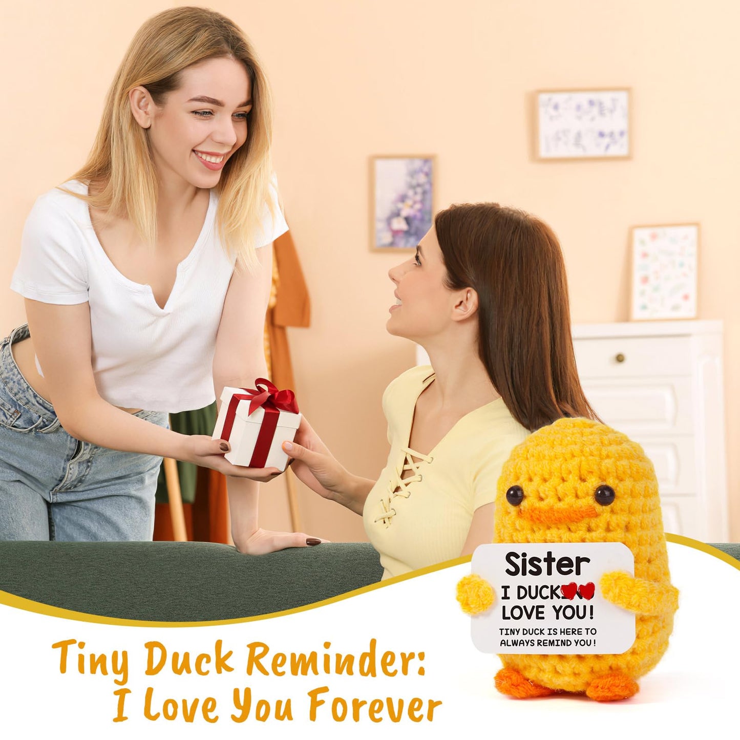 MBL Sisters Crochet Duck Gift — Cute Desk Companion for Sisters, Birthday, Graduation, Holidays