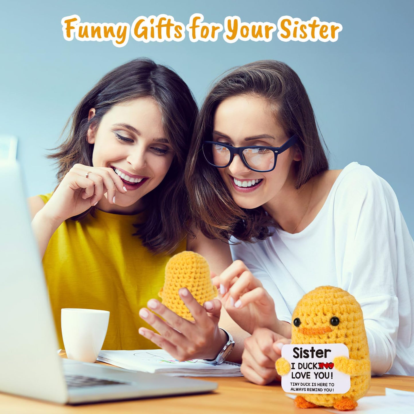 MBL Sisters Crochet Duck Gift — Cute Desk Companion for Sisters, Birthday, Graduation, Holidays