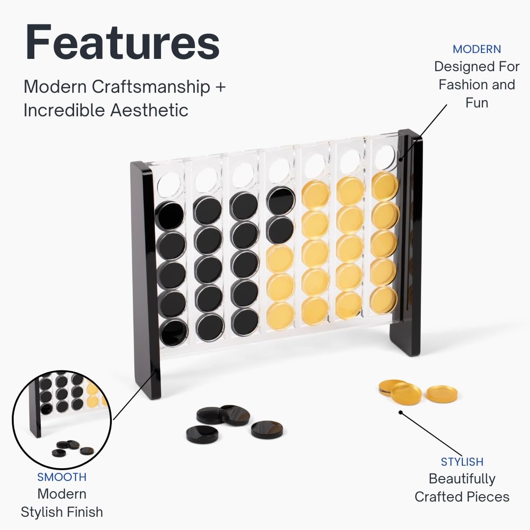 MC Marble Cultures: Unique Acrylic Four in a Row – Black & Gold Frame, 2-Player Strategy Game
