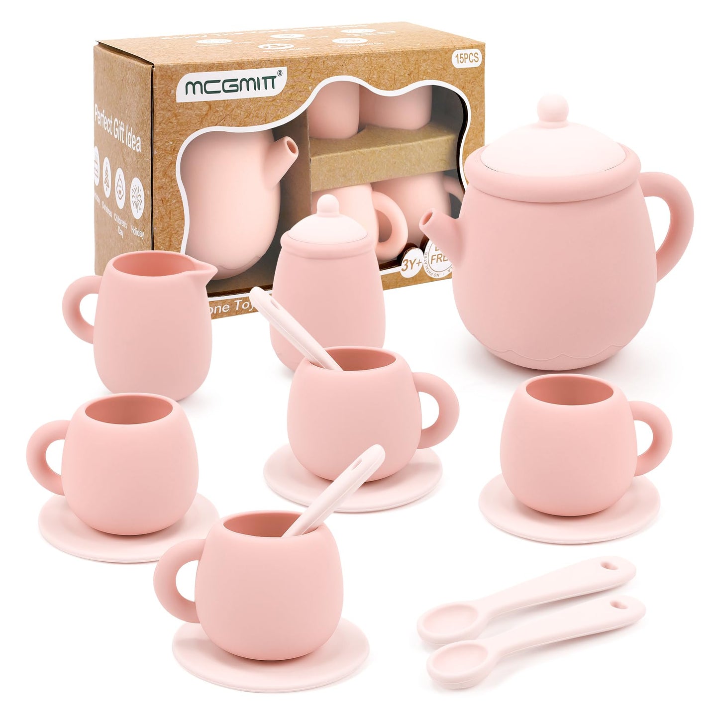 MCGMITT Silicone Tea Party Set – 15-Piece Kids Teaset, Gift Box Included, Safe & Dishwasher Safe