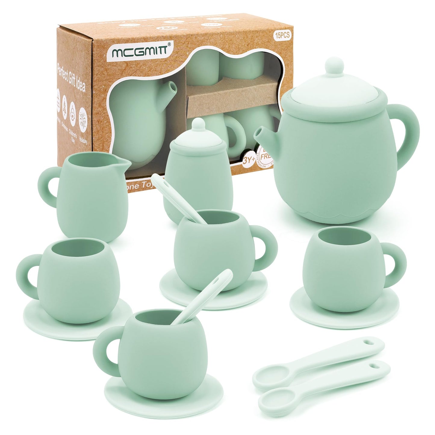 MCGMITT Silicone Tea Set – 15-Piece BPA-Free Pretend Tea Set for Toddlers 3-6 | Safe, Dishwasher Safe