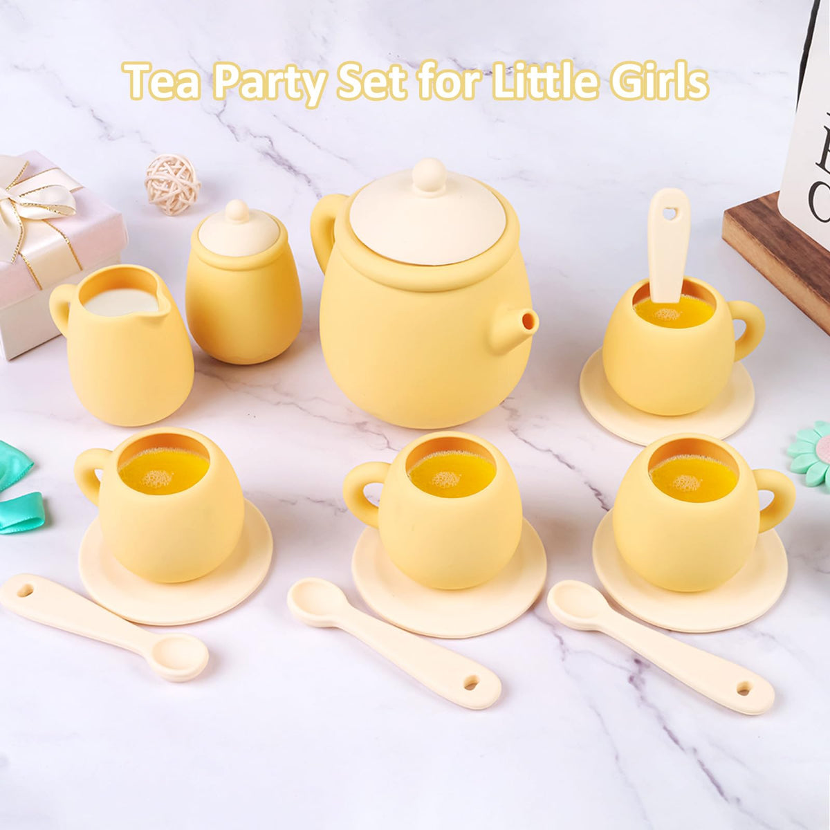MCGMITT 15-Piece Silicone Toy Tea Set for Kids 3-6 | BPA Free & Dishwasher Safe