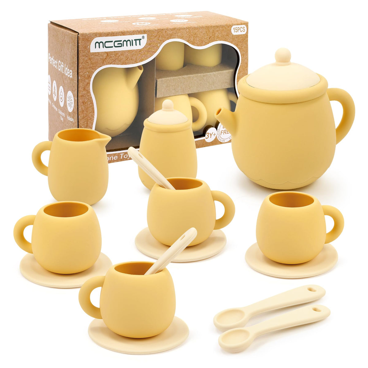 MCGMITT 15-Piece Silicone Toy Tea Set for Kids 3-6 | BPA Free & Dishwasher Safe