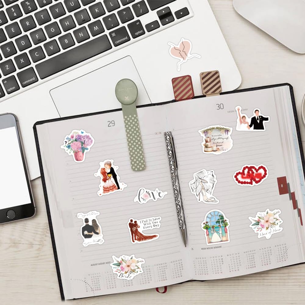Mcxywmsp 60Pcs Wedding Stickers for Scrapbooking – Waterproof Vinyl Stickers for Laptops, Phones & Bottles