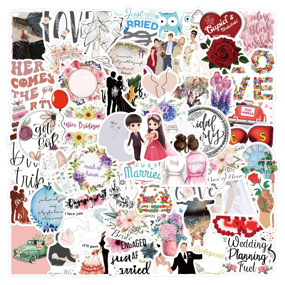 Mcxywmsp 60Pcs Wedding Stickers for Scrapbooking – Waterproof Vinyl Stickers for Laptops, Phones & Bottles