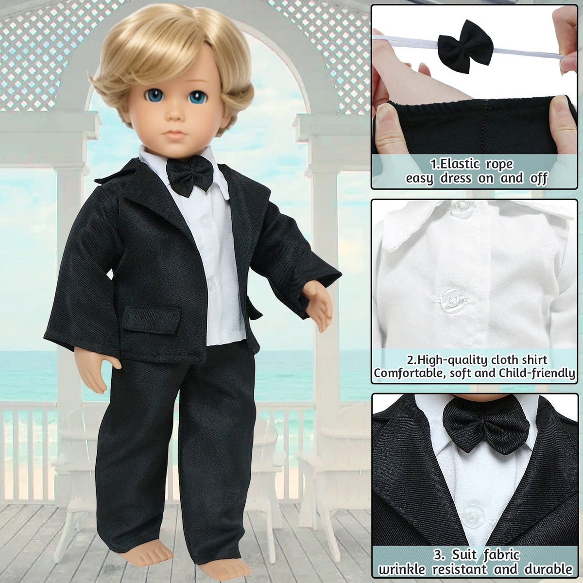 MCZQXW 18-Inch Doll Wedding Dress & Groom Outfit Set – Veil & Bow Tie