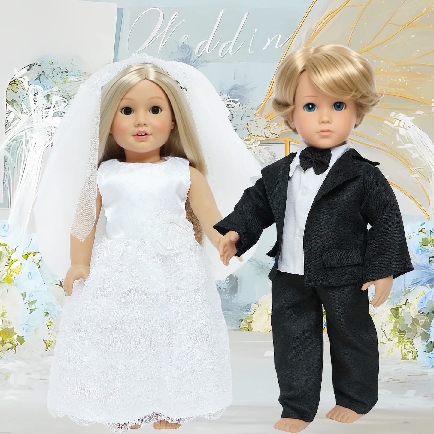 MCZQXW 18-Inch Doll Wedding Dress & Groom Outfit Set – Veil & Bow Tie
