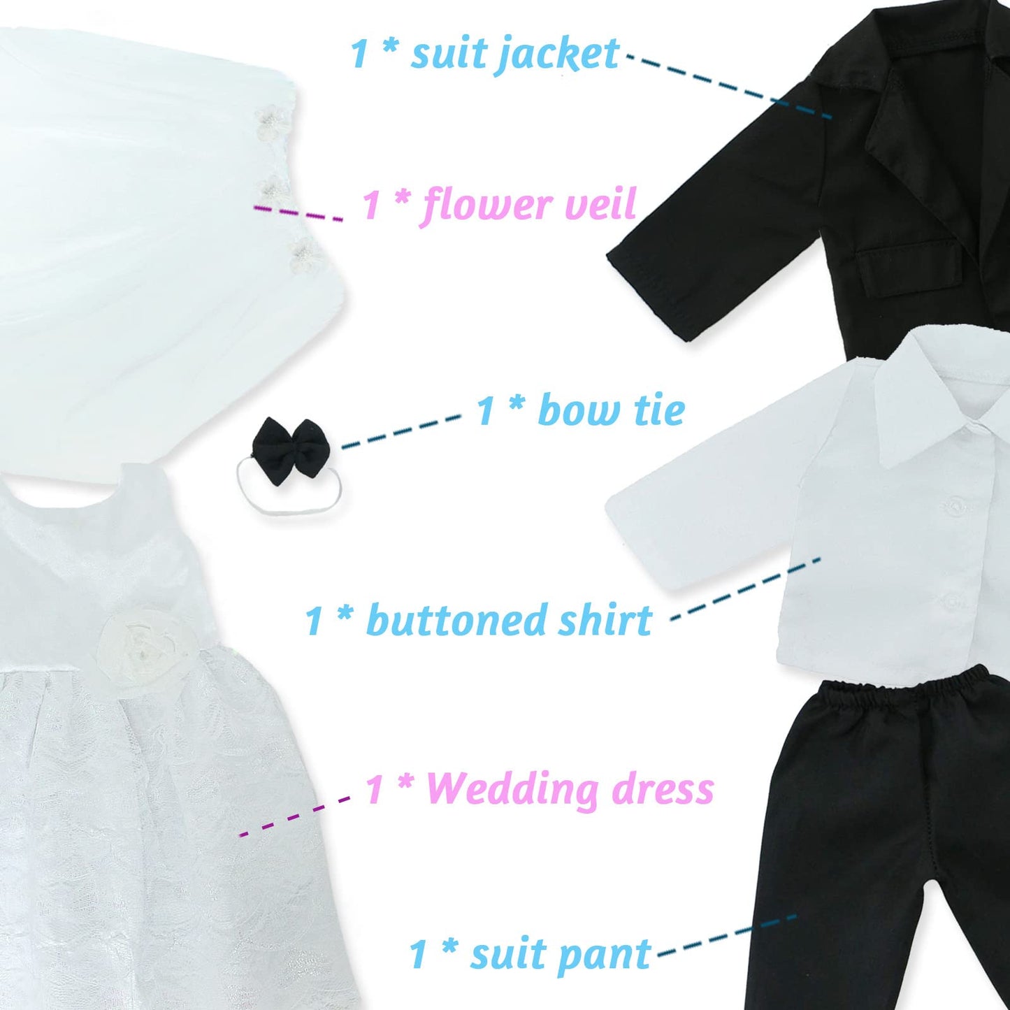MCZQXW 18-Inch Doll Wedding Dress & Groom Outfit Set – Veil & Bow Tie