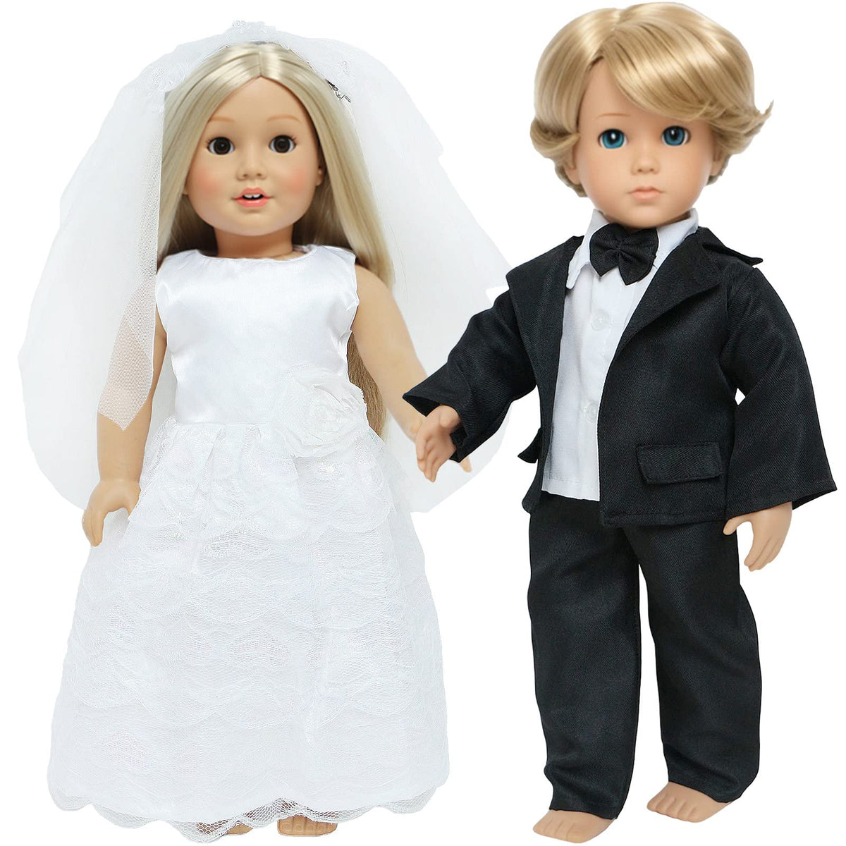 MCZQXW 18-Inch Doll Wedding Dress & Groom Outfit Set – Veil & Bow Tie