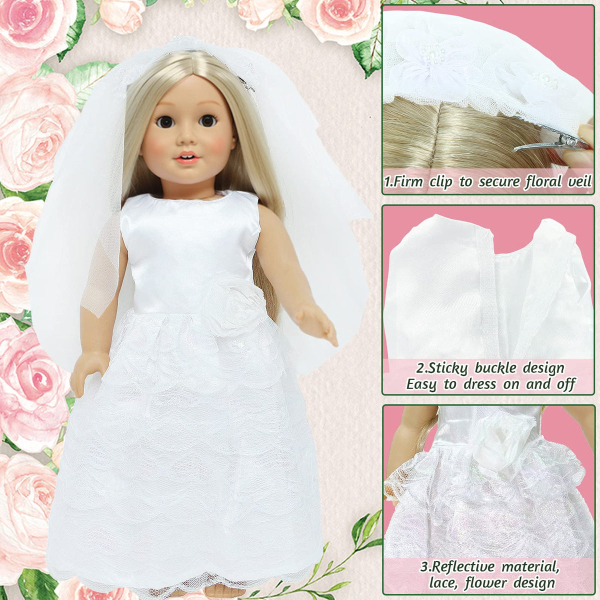 MCZQXW 18-Inch Doll Wedding Dress & Groom Outfit Set – Veil & Bow Tie