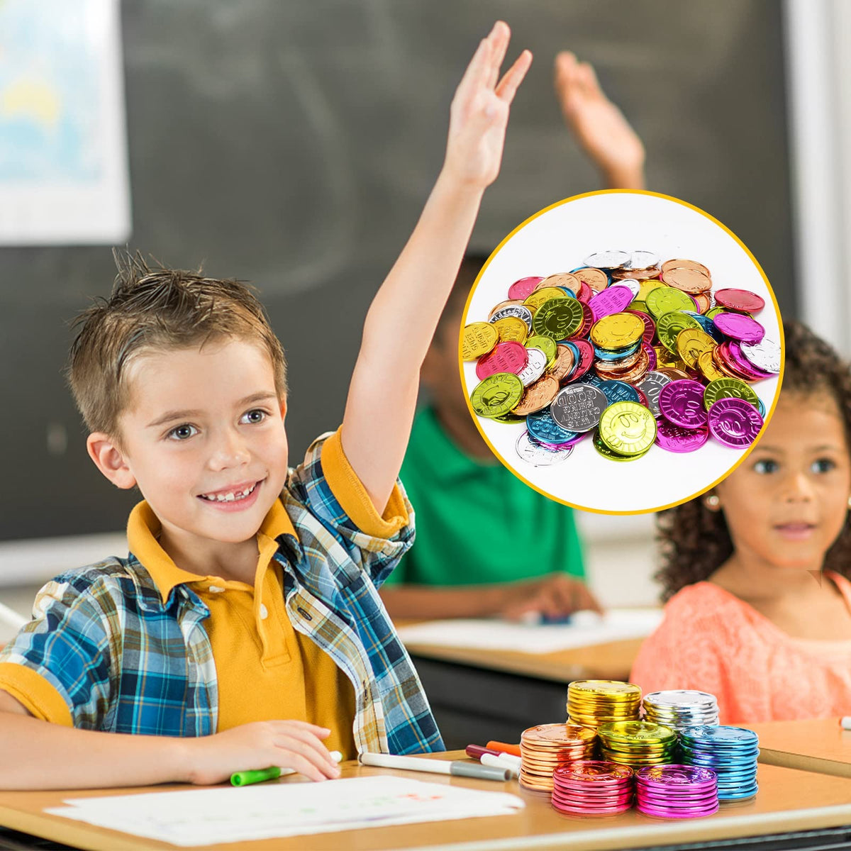 Mczxon Caught Being Good Coins – 100 Colorful Reward Tokens with Jar for Kids
