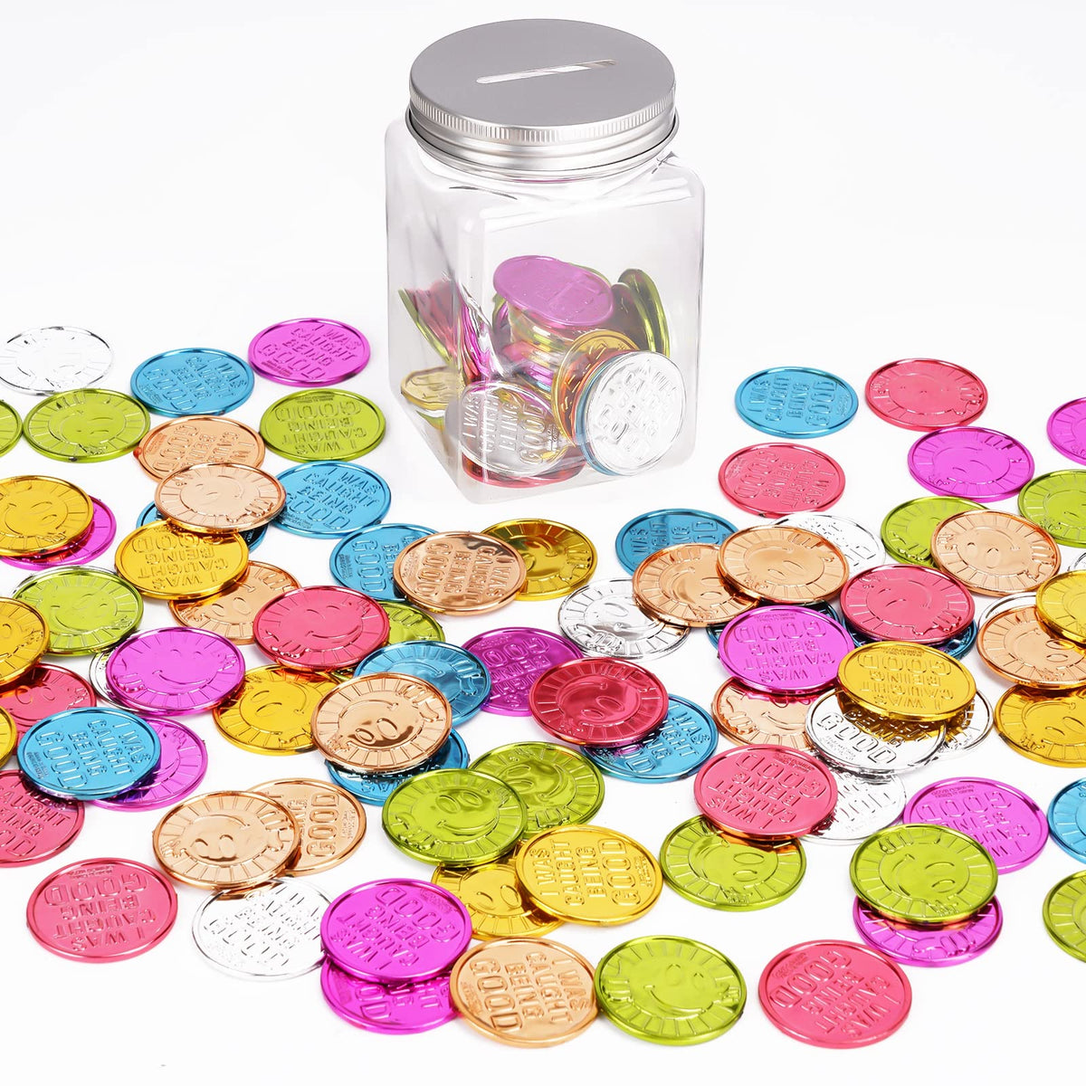 Mczxon Caught Being Good Coins – 100 Colorful Reward Tokens with Jar for Kids