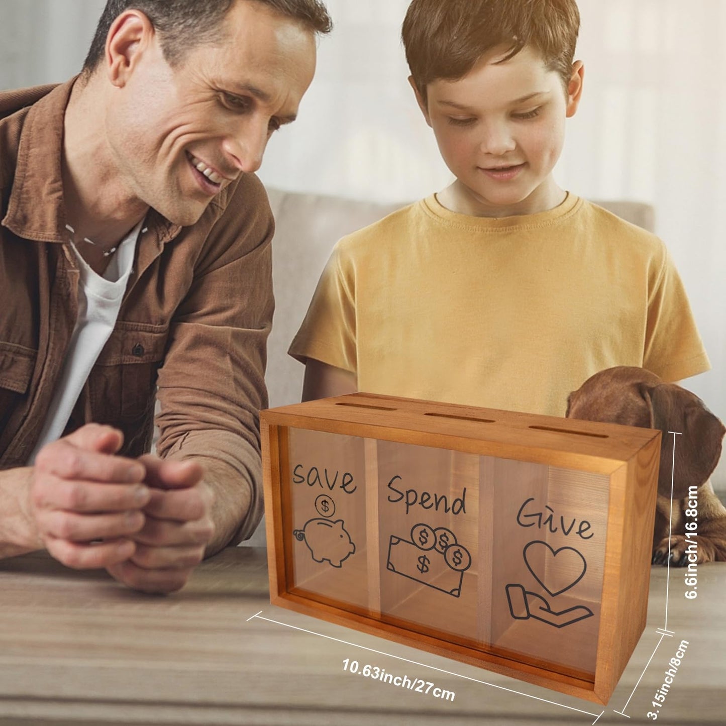 Mczxon Wooden Spend Save Give Piggy Bank for Kids – 3-Compartment Money Box