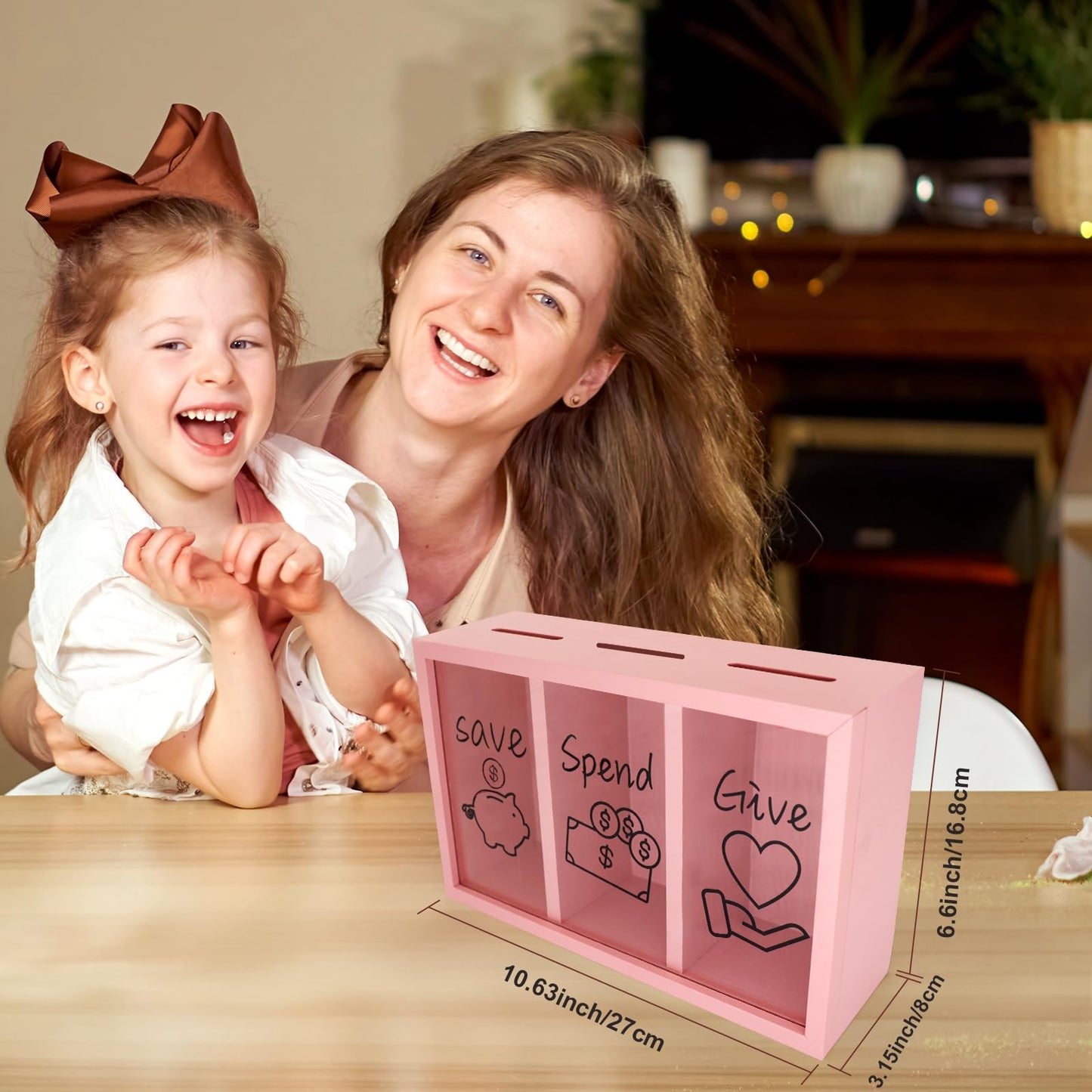 Mczxon Pink Wooden Give Save Spend Piggy Bank for Kids – Teach Budgeting & Generosity