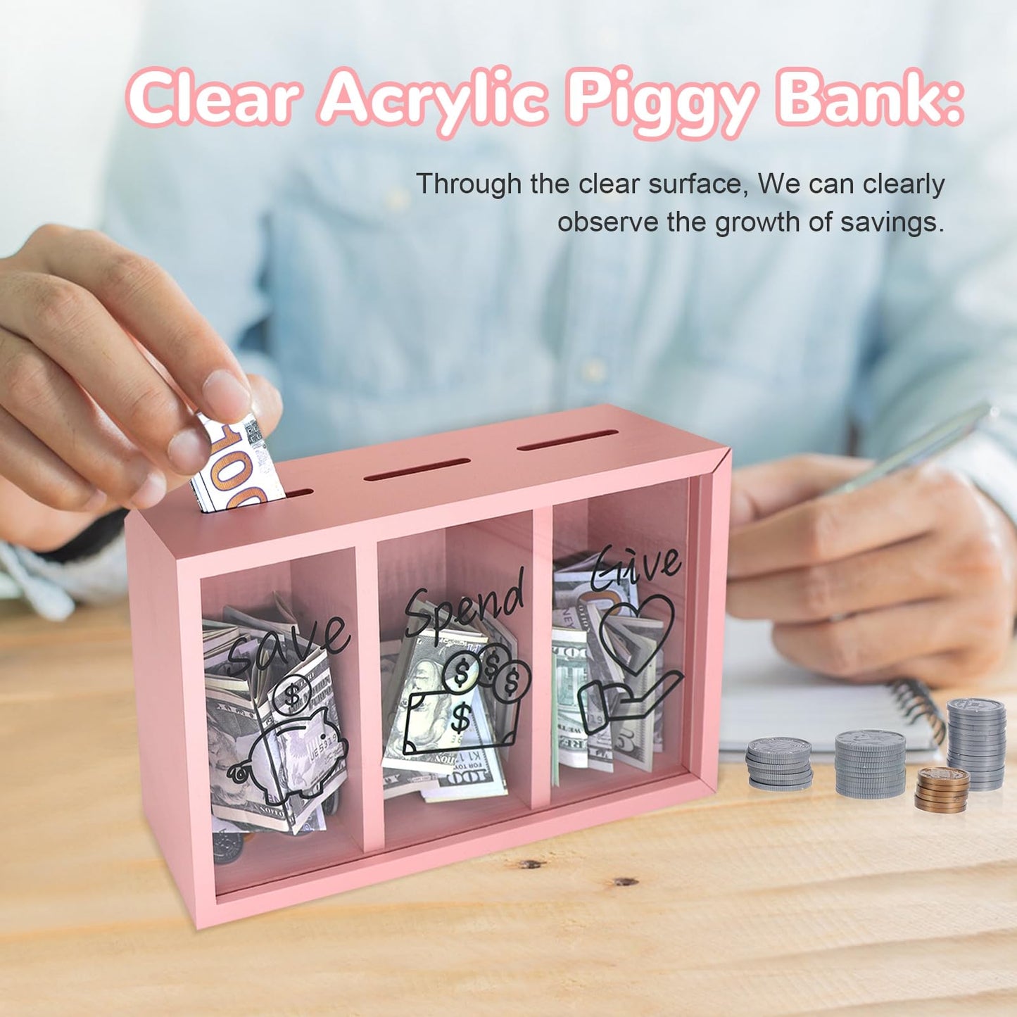 Mczxon Pink Wooden Give Save Spend Piggy Bank for Kids – Teach Budgeting & Generosity