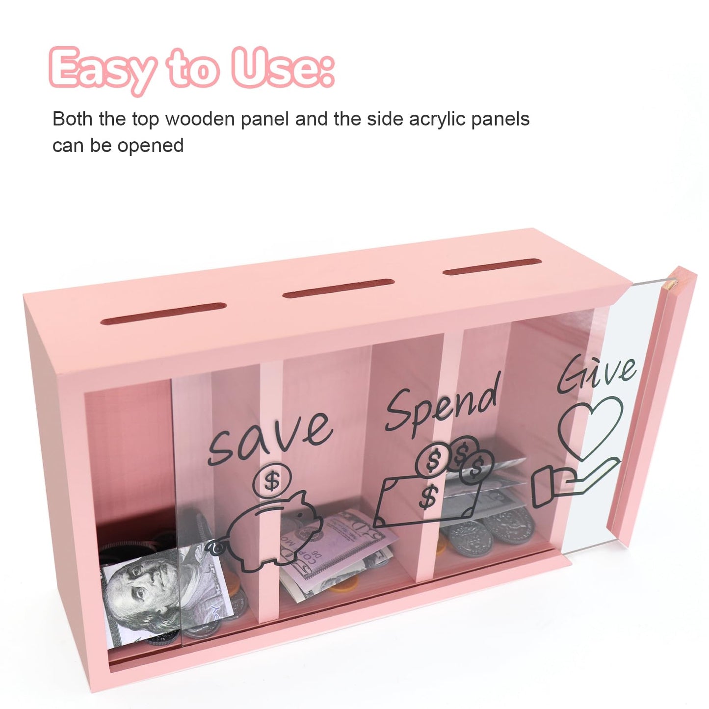 Mczxon Pink Wooden Give Save Spend Piggy Bank for Kids – Teach Budgeting & Generosity